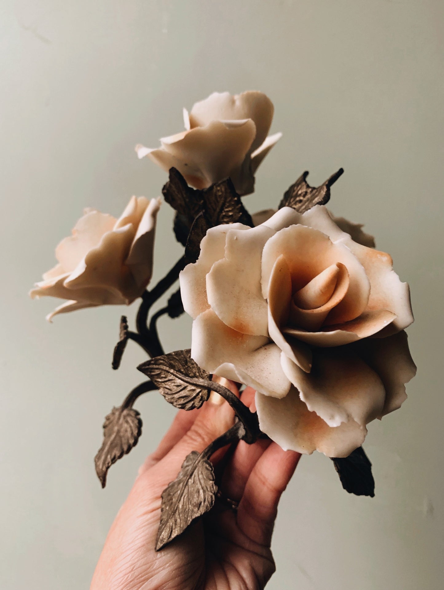 Vintage Hand-cast Porcelain Rose Metal Ornament
