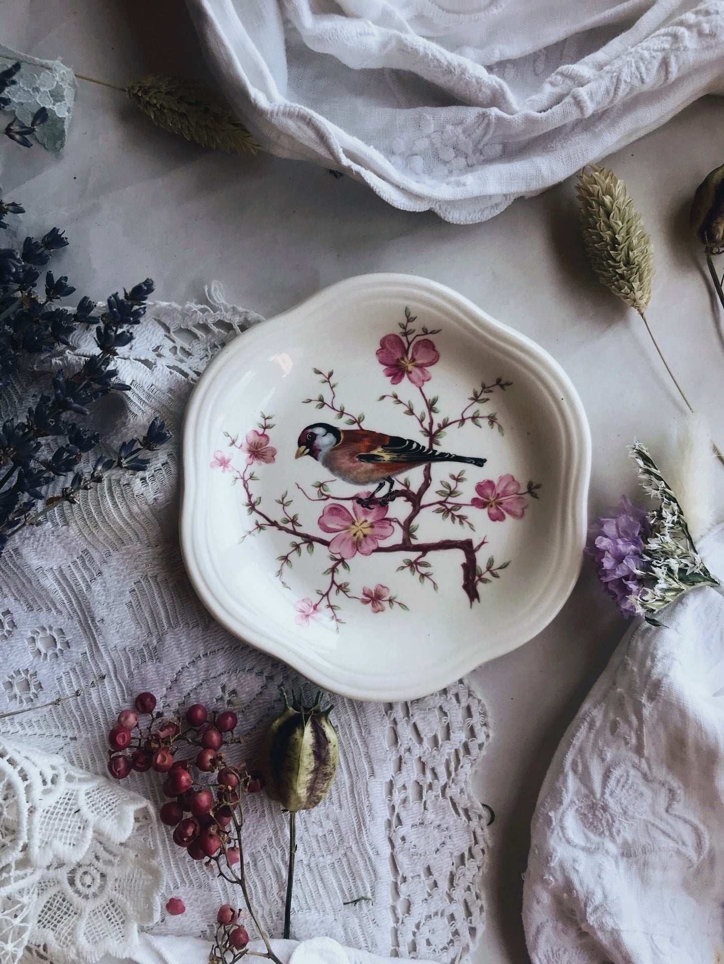 Vintage Bird Floral Trinket Dish