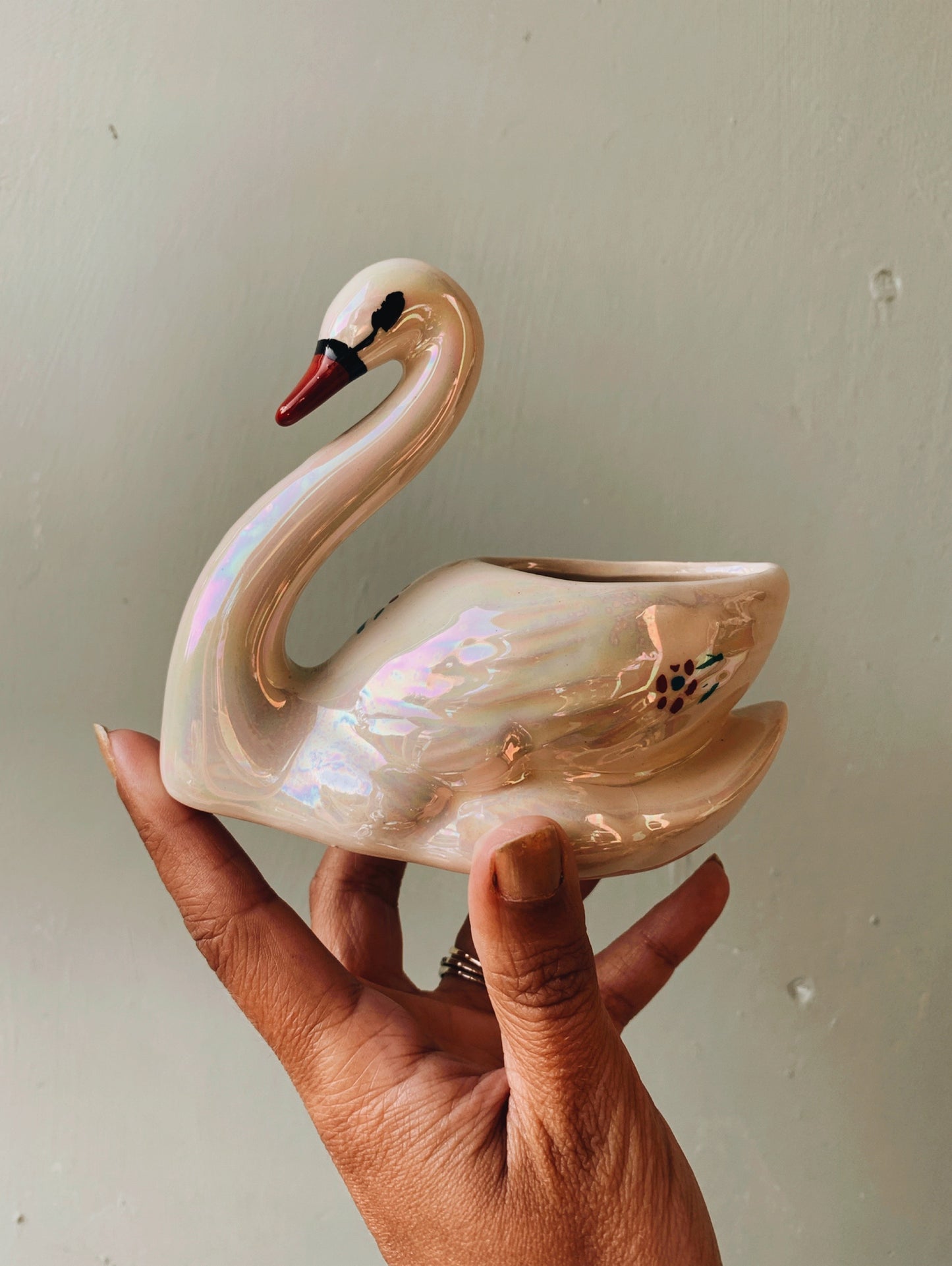 Vintage Small Swan Planter with Floral Detailing (iridescent glaze and two available)