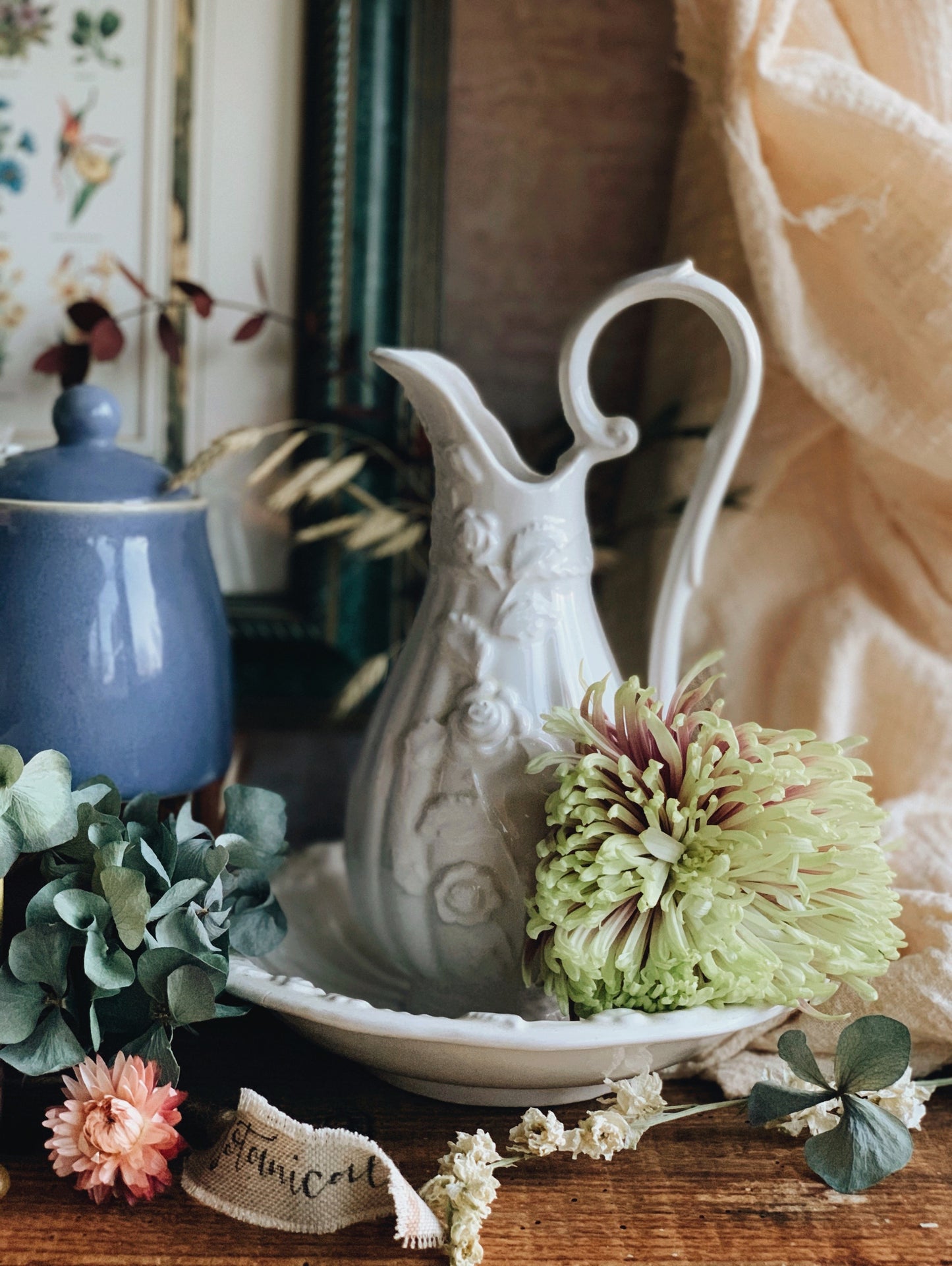Vintage White Floral Relief Jug & Bowl