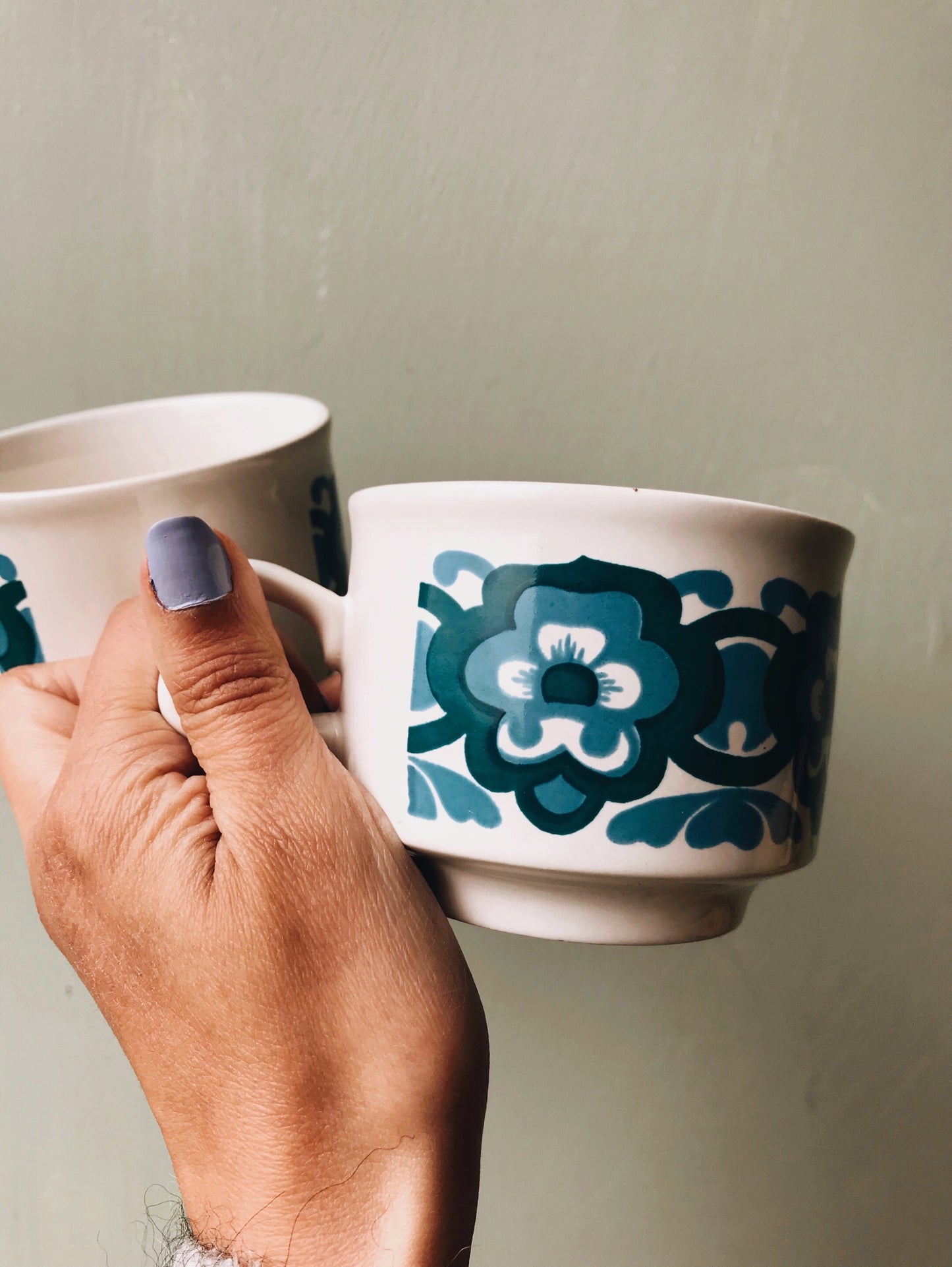 1970s Staffordshire Retro Blue Cups - Stone & Sage