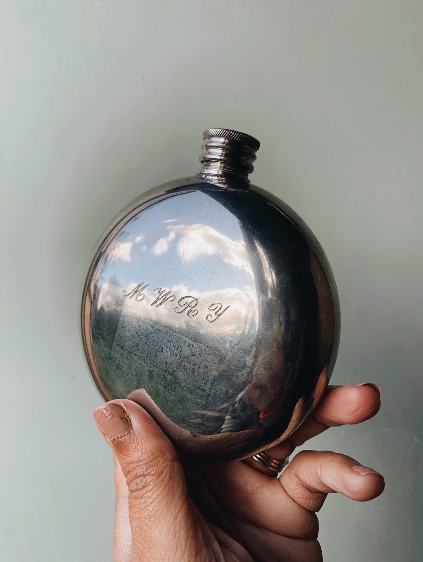 Vintage Stamped Pewter Hip Flask Adorned by Duck and Monogrammed 𝓜𝓦𝓡𝓨