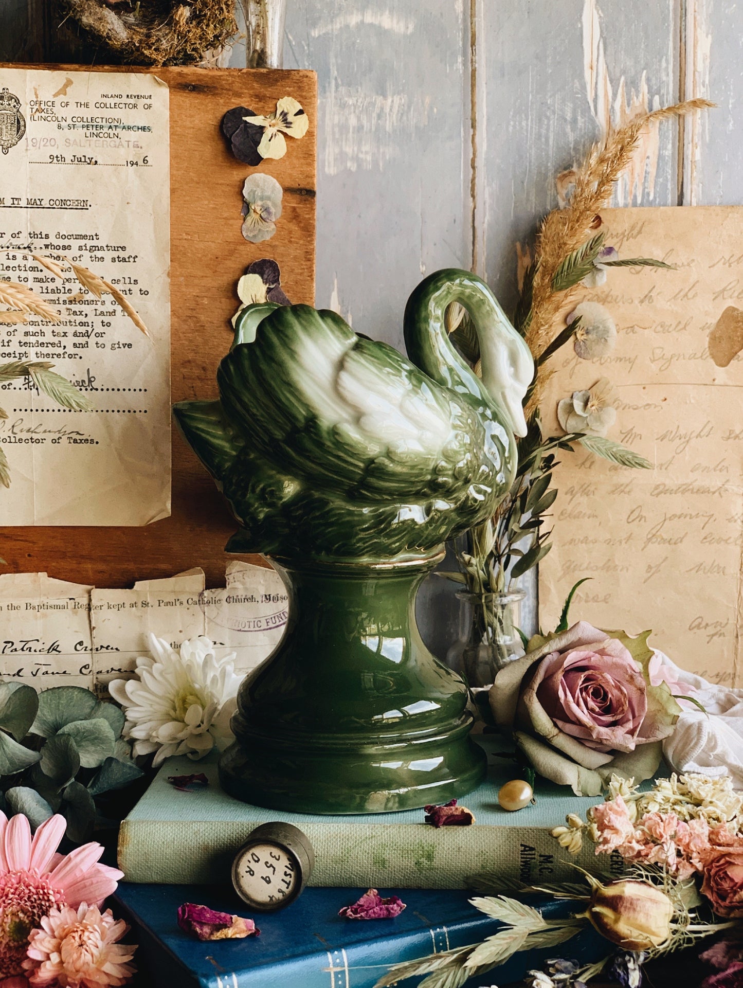 Antique Swan Green Vase with Gilt Detailing