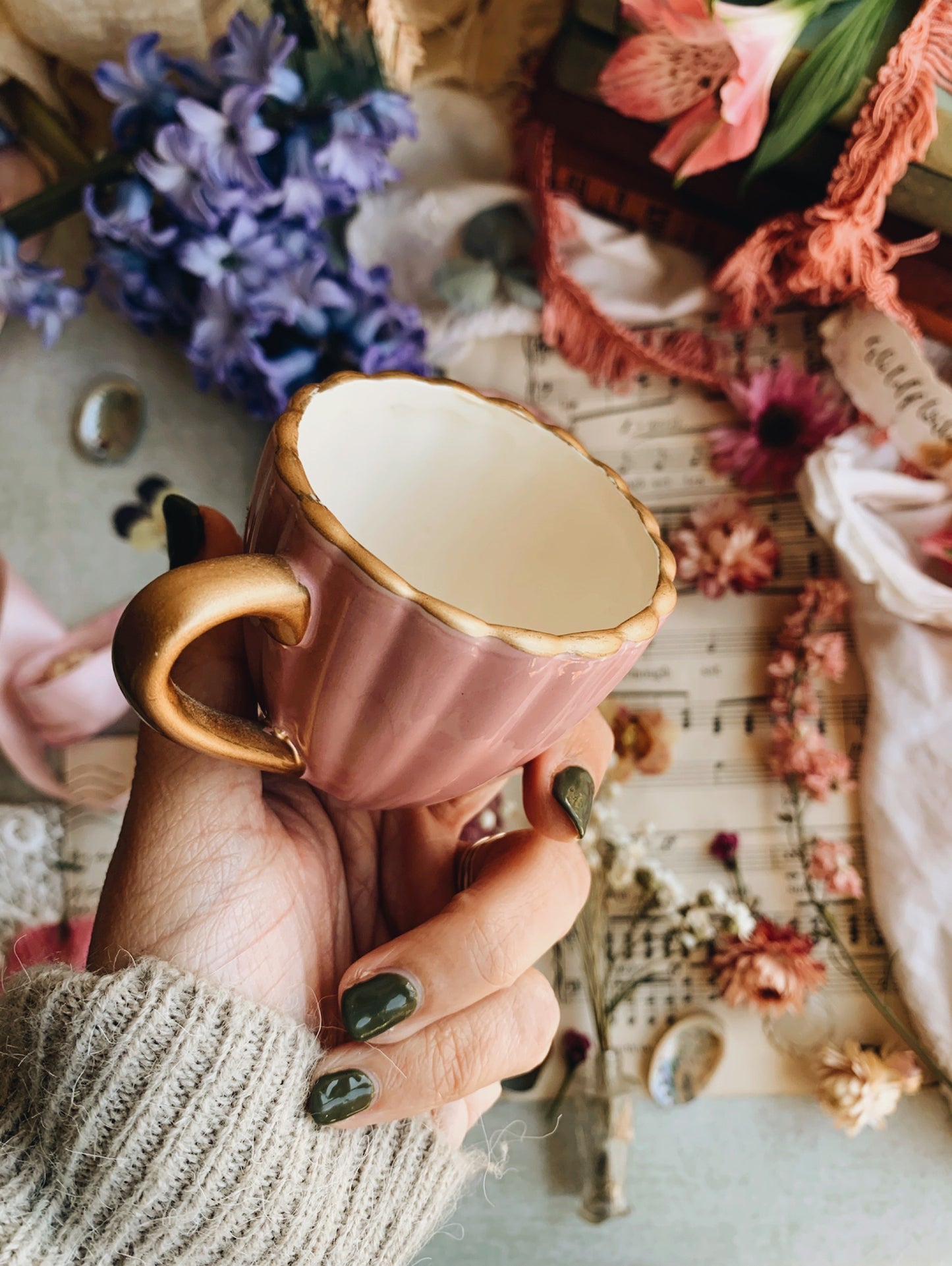 Vintage Pink Scalloped Cup & Saucer with Gilt Detailing