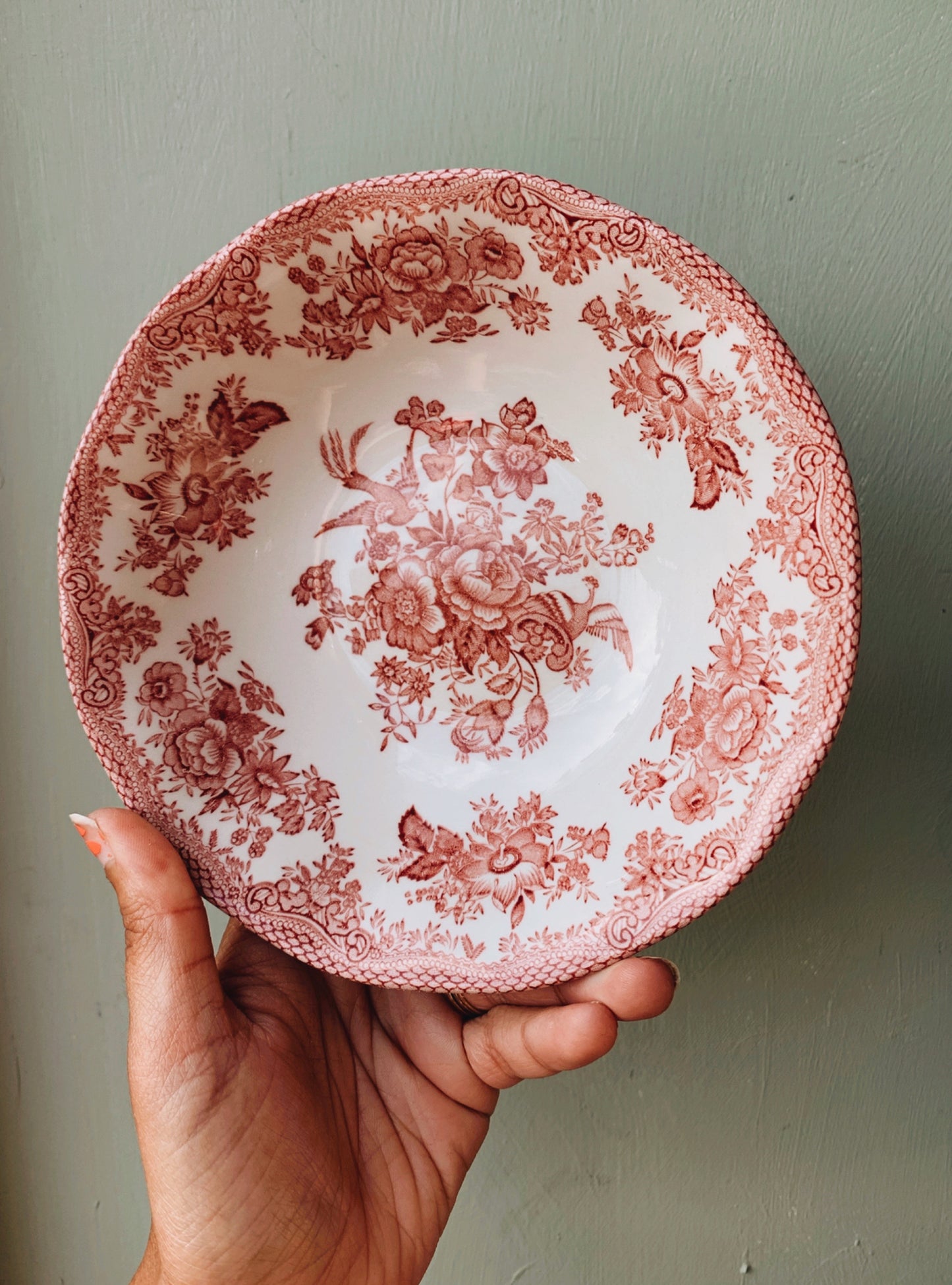 Vintage Pink Ironstone Floral Bird Bowl (three available)