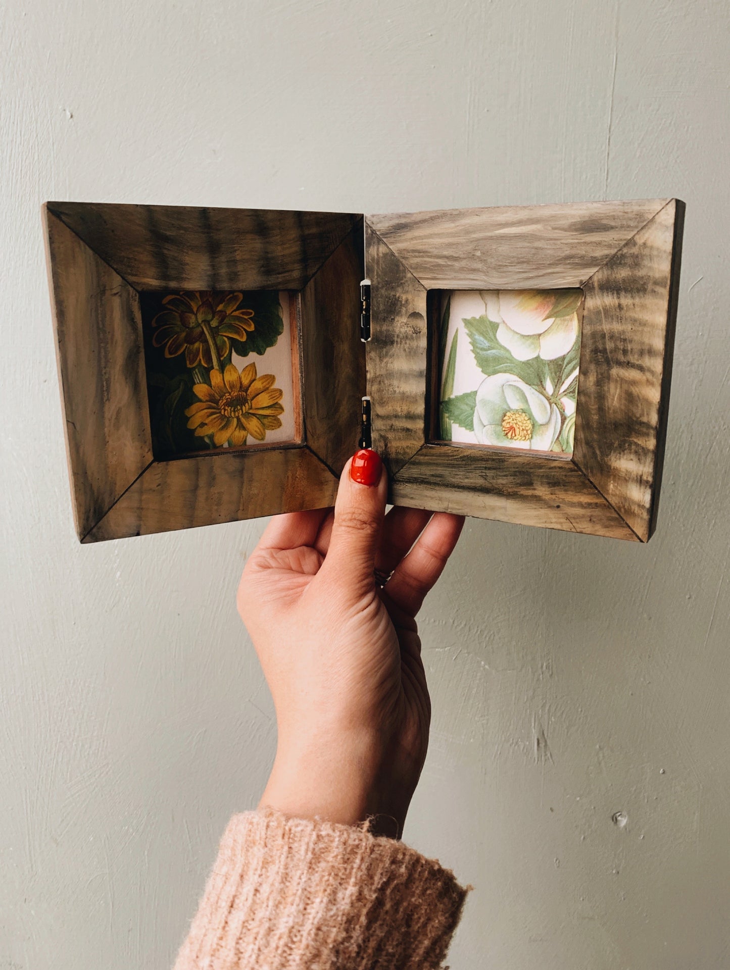 Rustic Wooden Double Frame with 1960’s Floral Bookplate ~ hellebore