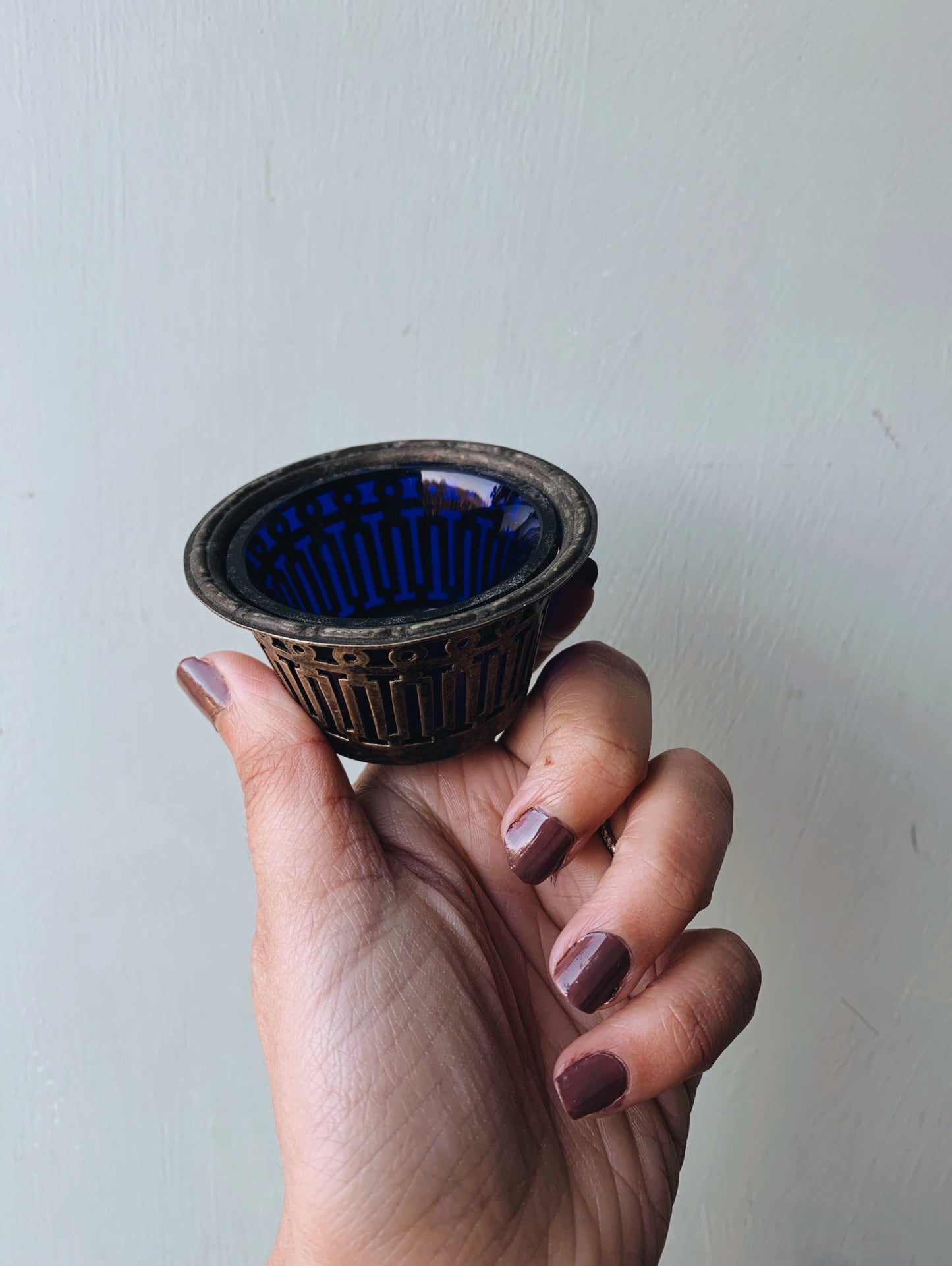 Antique Cobalt Blue Lined Silver Caviar Pot