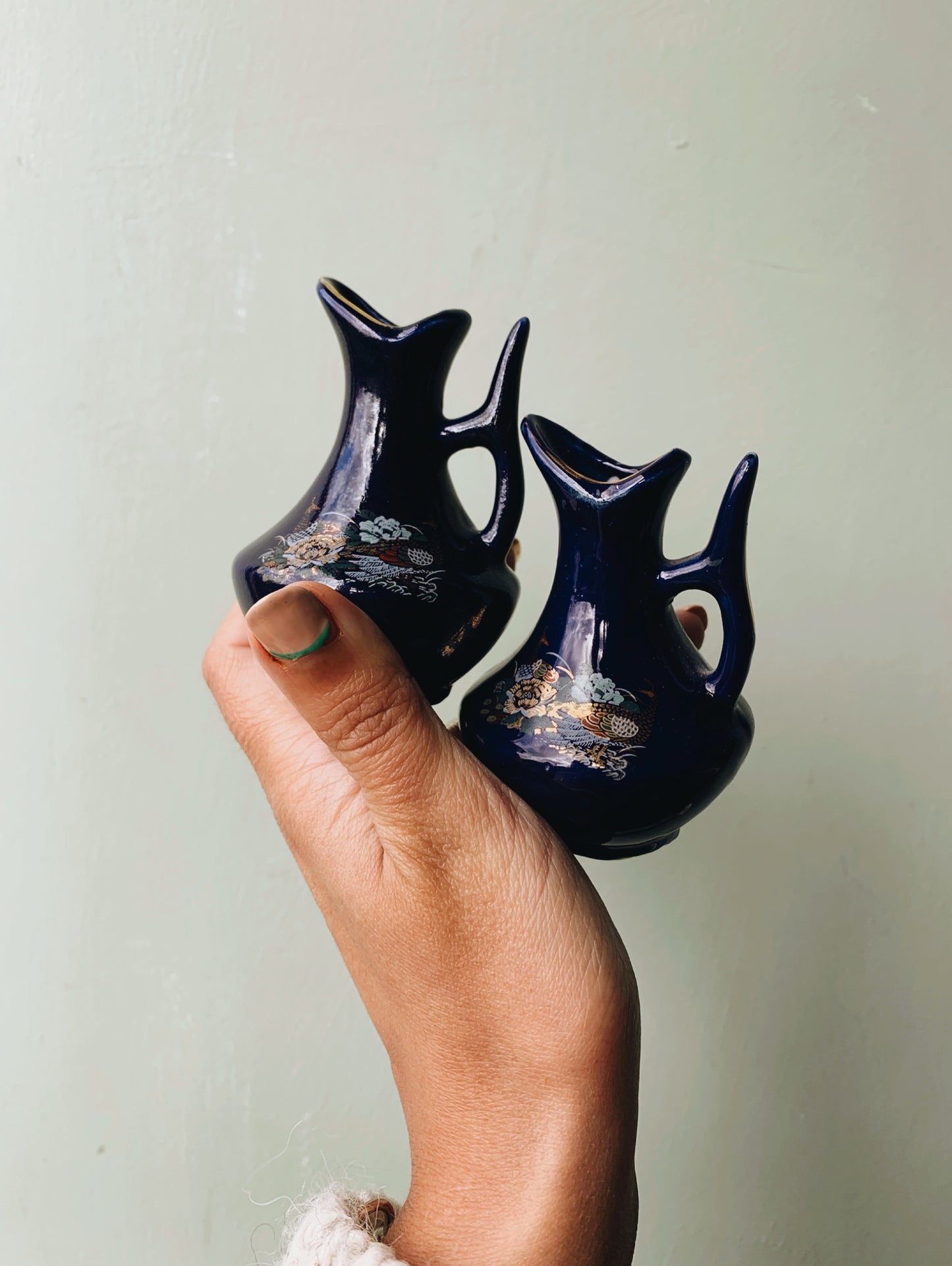 Three Vintage Cobalt Blue Oriental Posy Vases (different narratives)