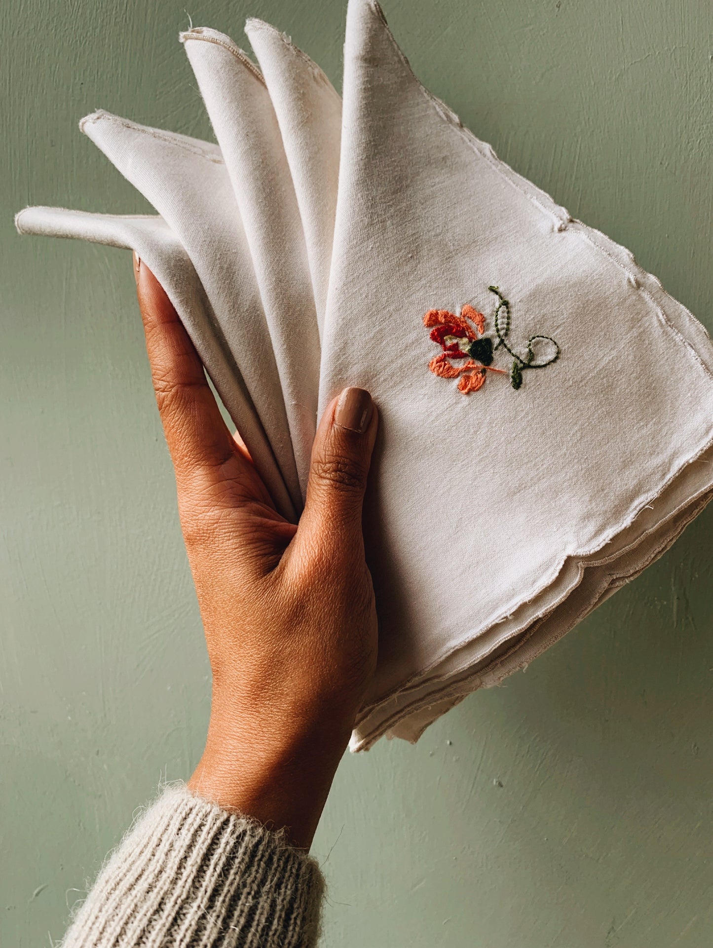 Six Vintage French Floral Hand~embroidery Napkins