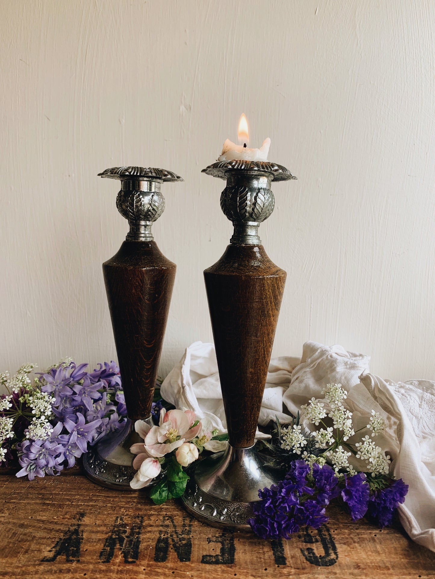Two Vintage Wooden Silver Decorative Candle Sticks
