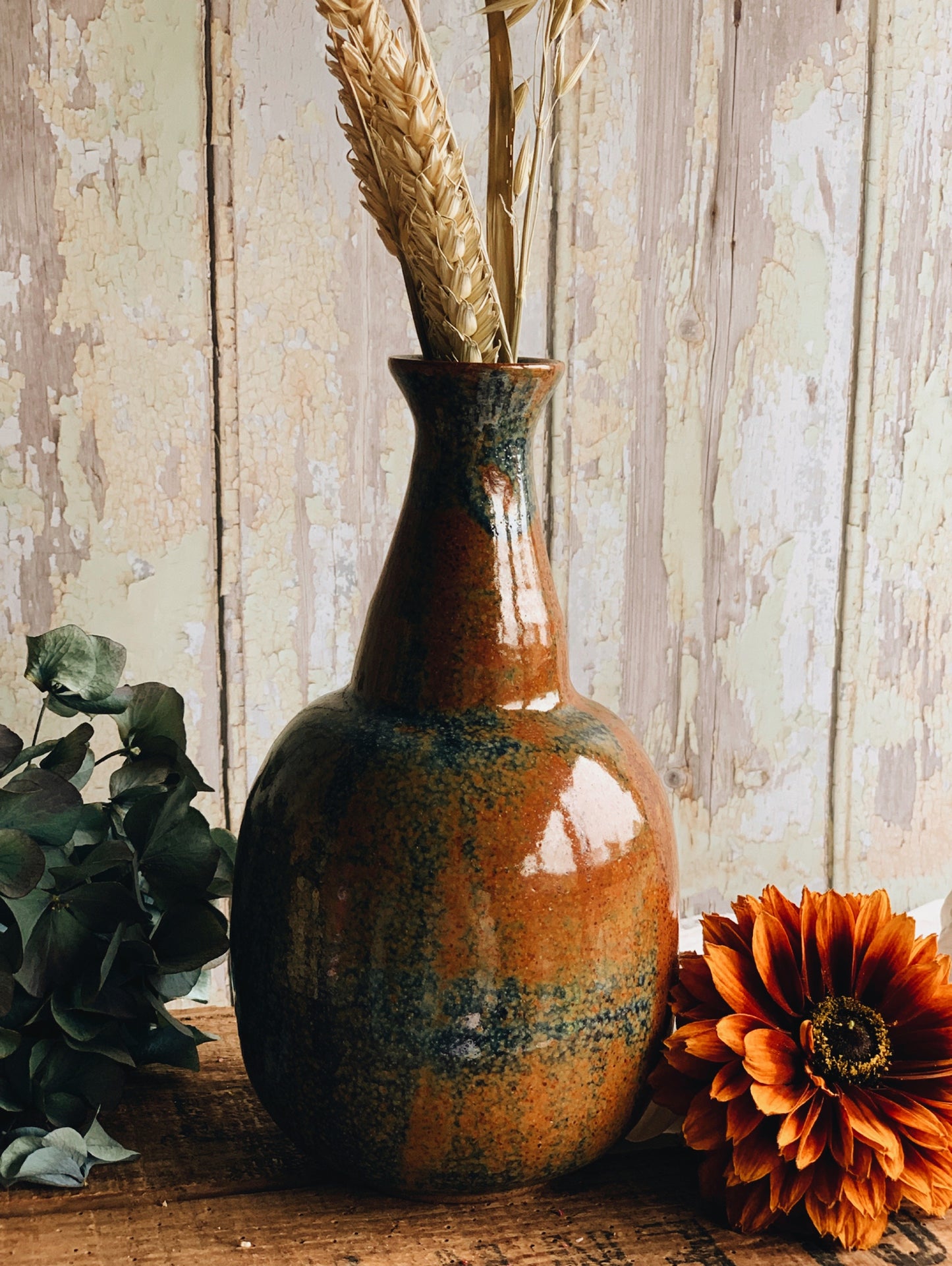 Rustic Turquoise & Burnt Orange Speckle Ceramic Bottle