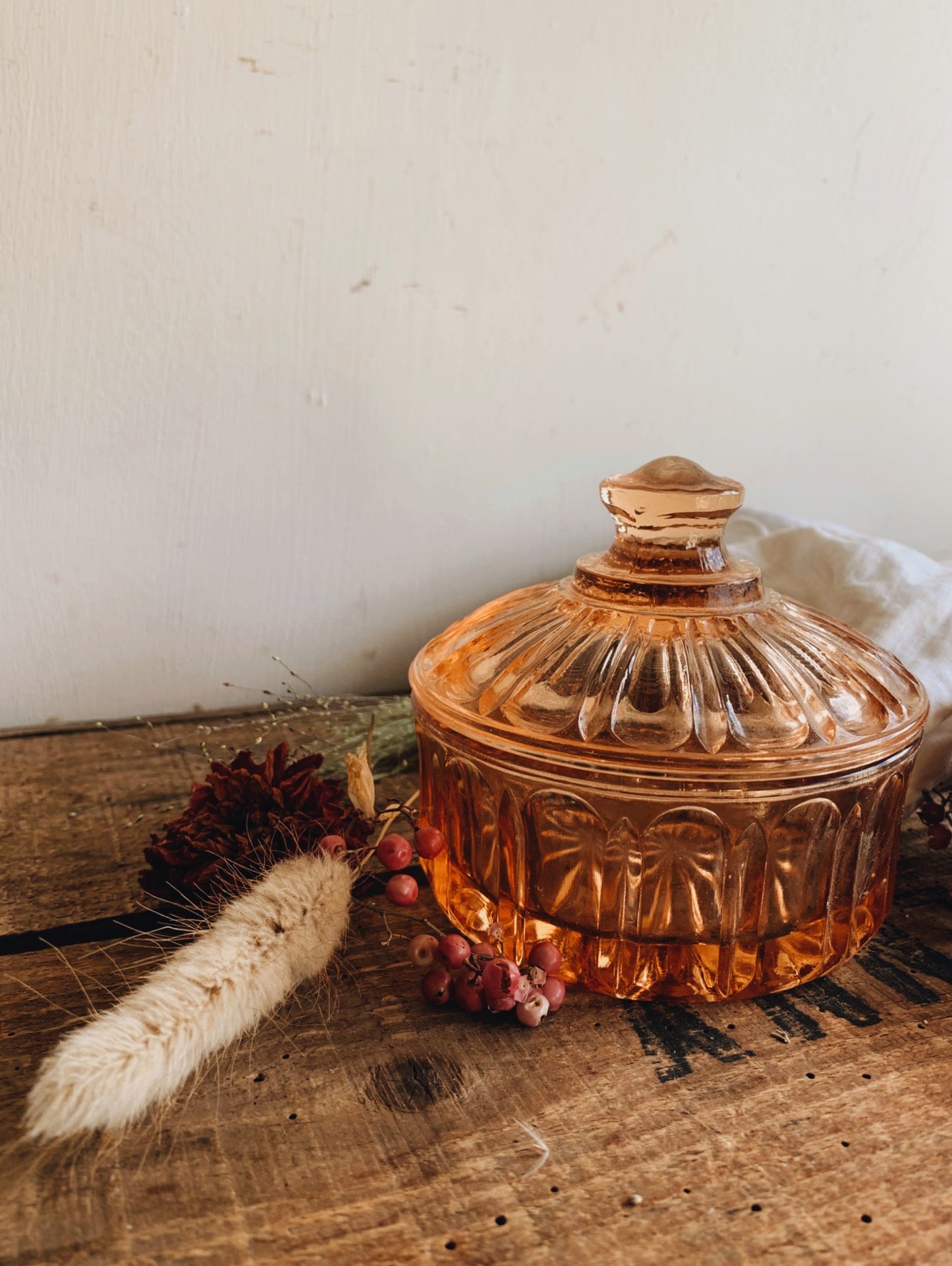 Vintage Peach Glass Vanity Pot with Lid