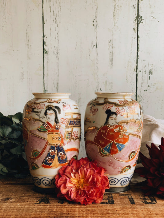 Two Antique Porcelain Hand~painted Oriental Vases