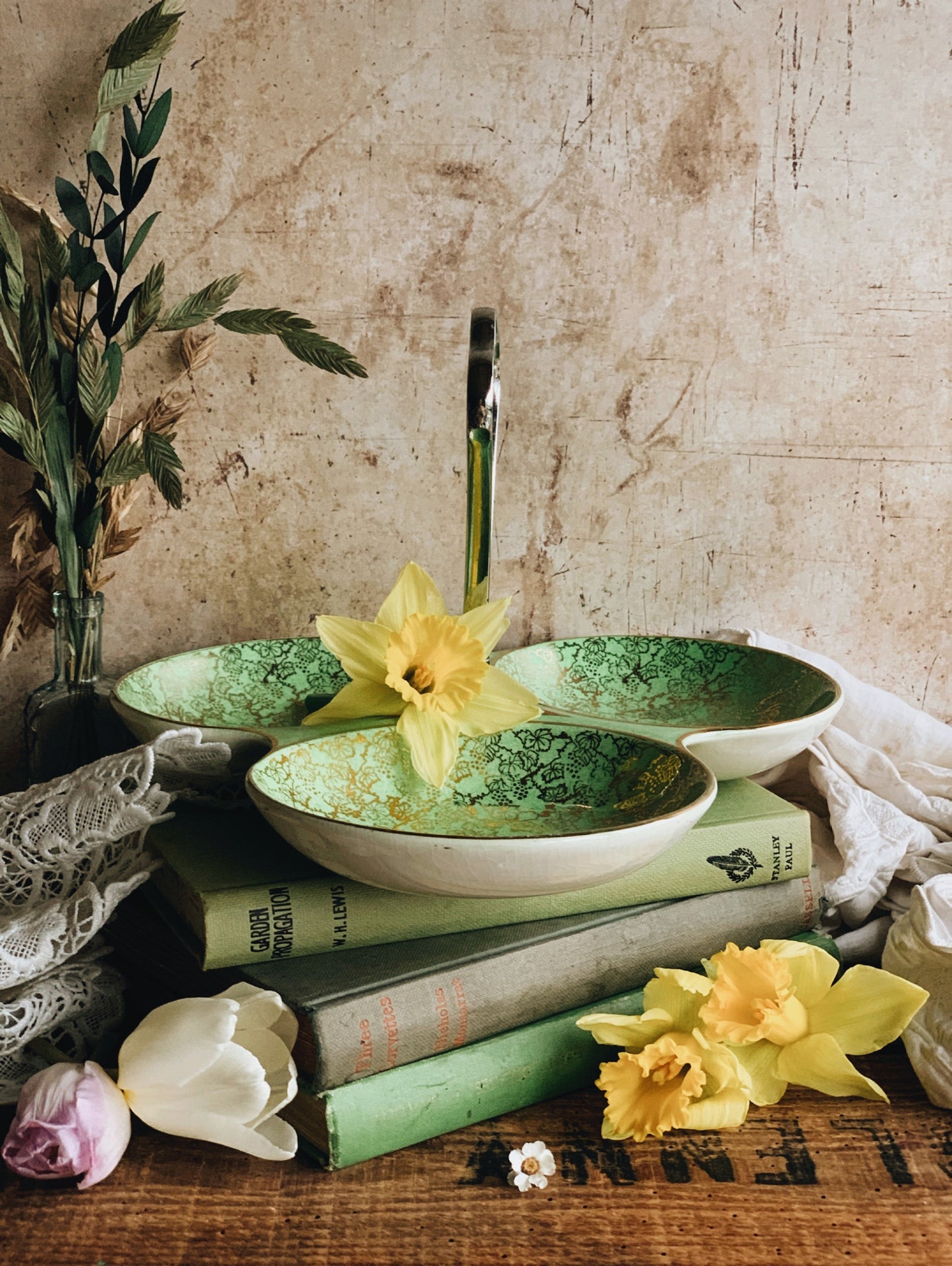 Vintage Green Floral & Gilt Staffordshire Dish (UK SHIPPING)