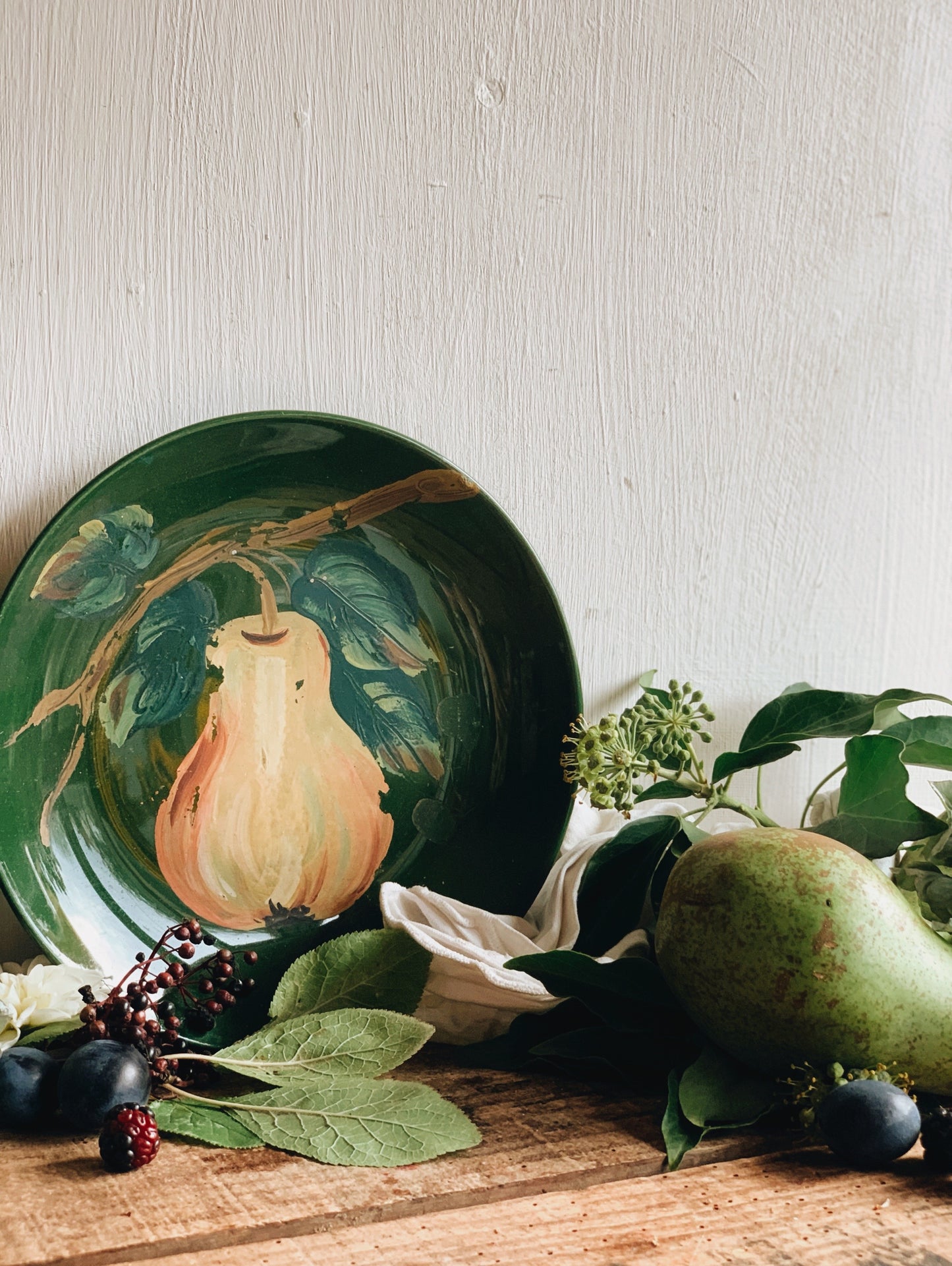 Two Vintage Rustic Hand~painted Apple & Pear Plates
