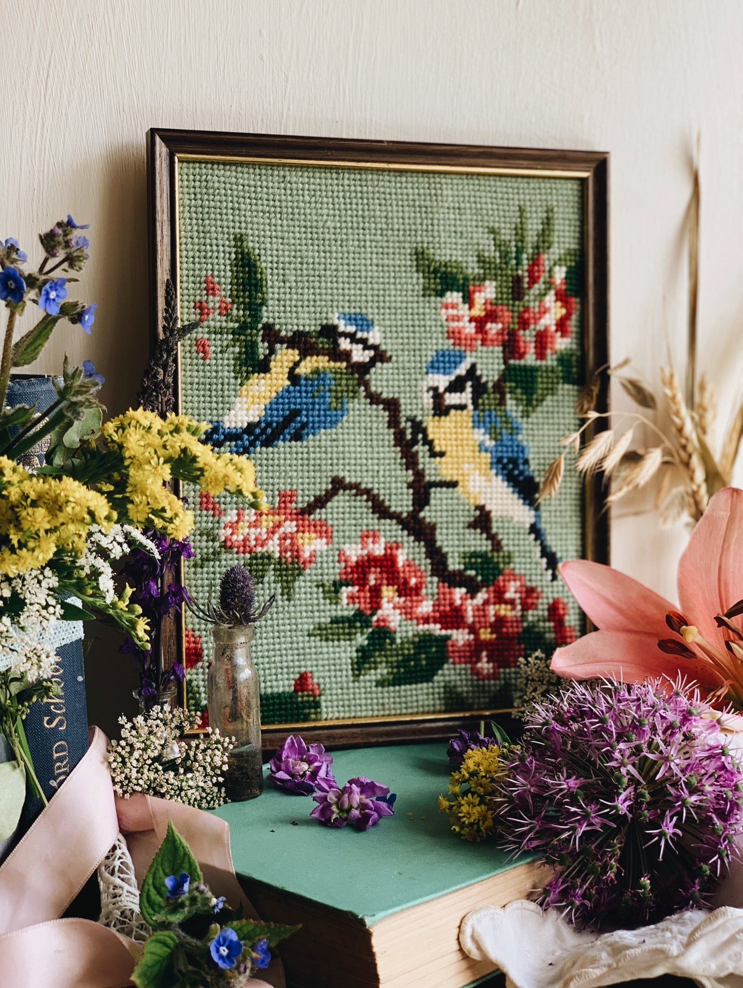 Vintage 1980’s Blue Tit Hand~embroidery Artwork