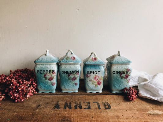 Antique Blue Floral Ceramic Storage Pots