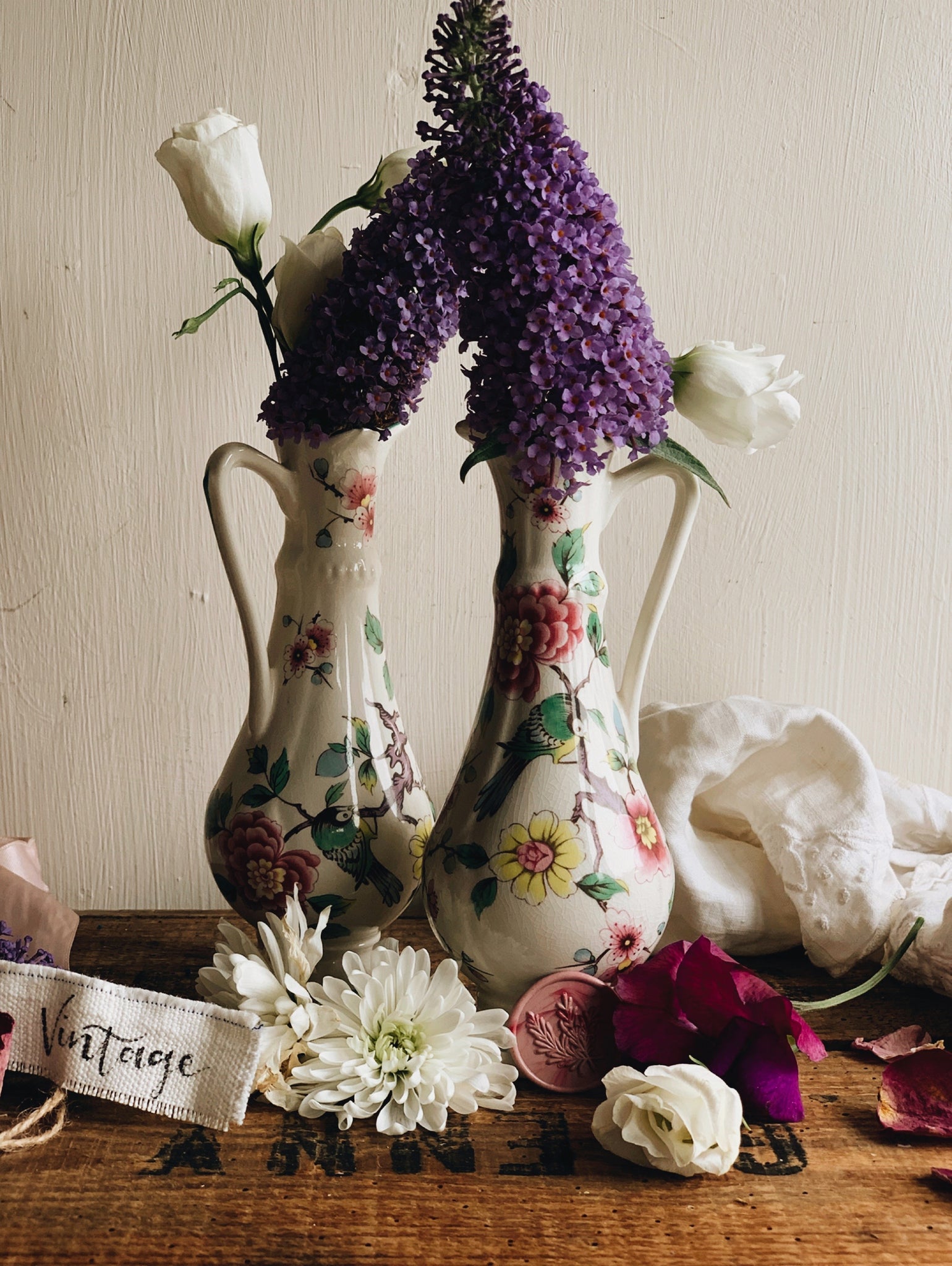 A Set of Vintage Old Foley Birds & Floral Vases Stone & Sage