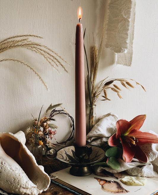 Vintage Floral Brass & Hand~painted Enamel Candle Holder