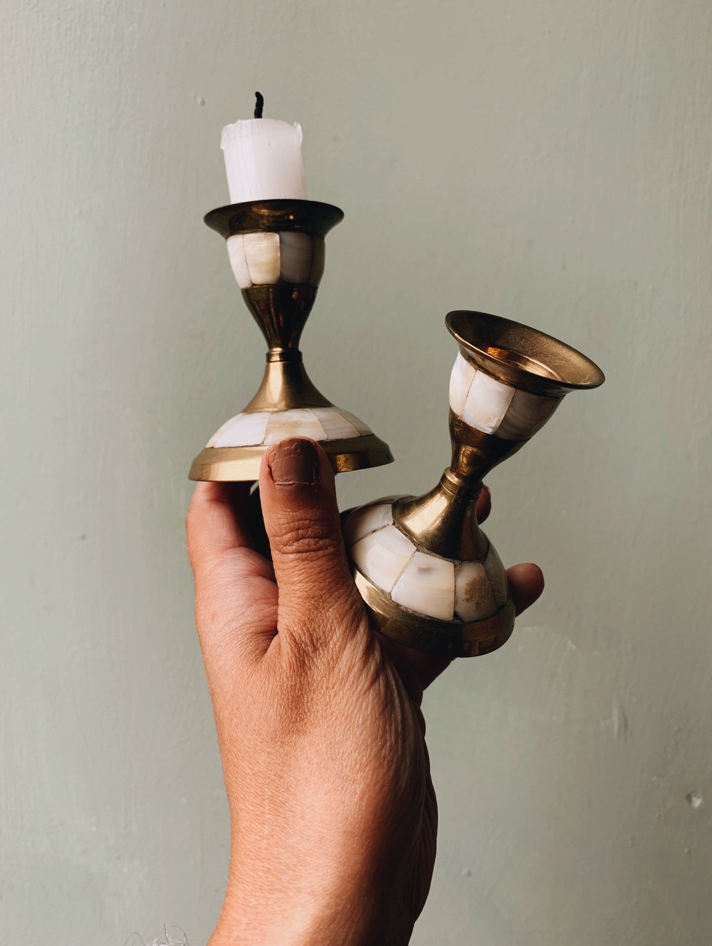 A Pair of Vintage Brass Mother of Pearl Candle Sticks