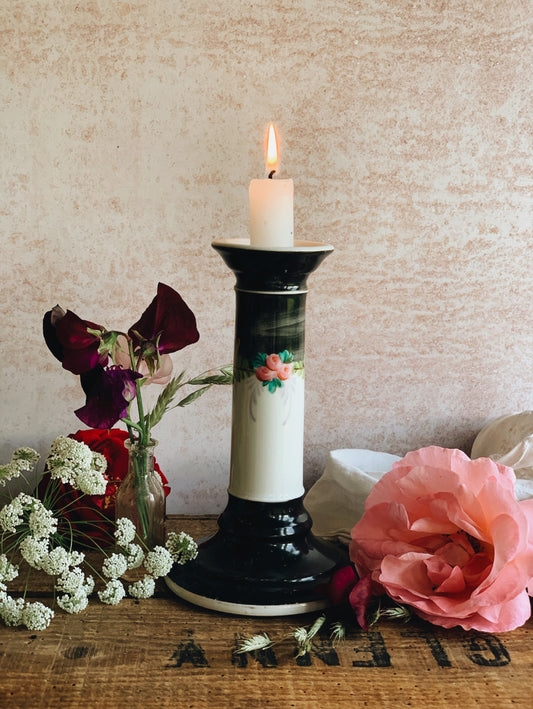 Vintage Hand~painted Black Floral Ceramic Candle Stick