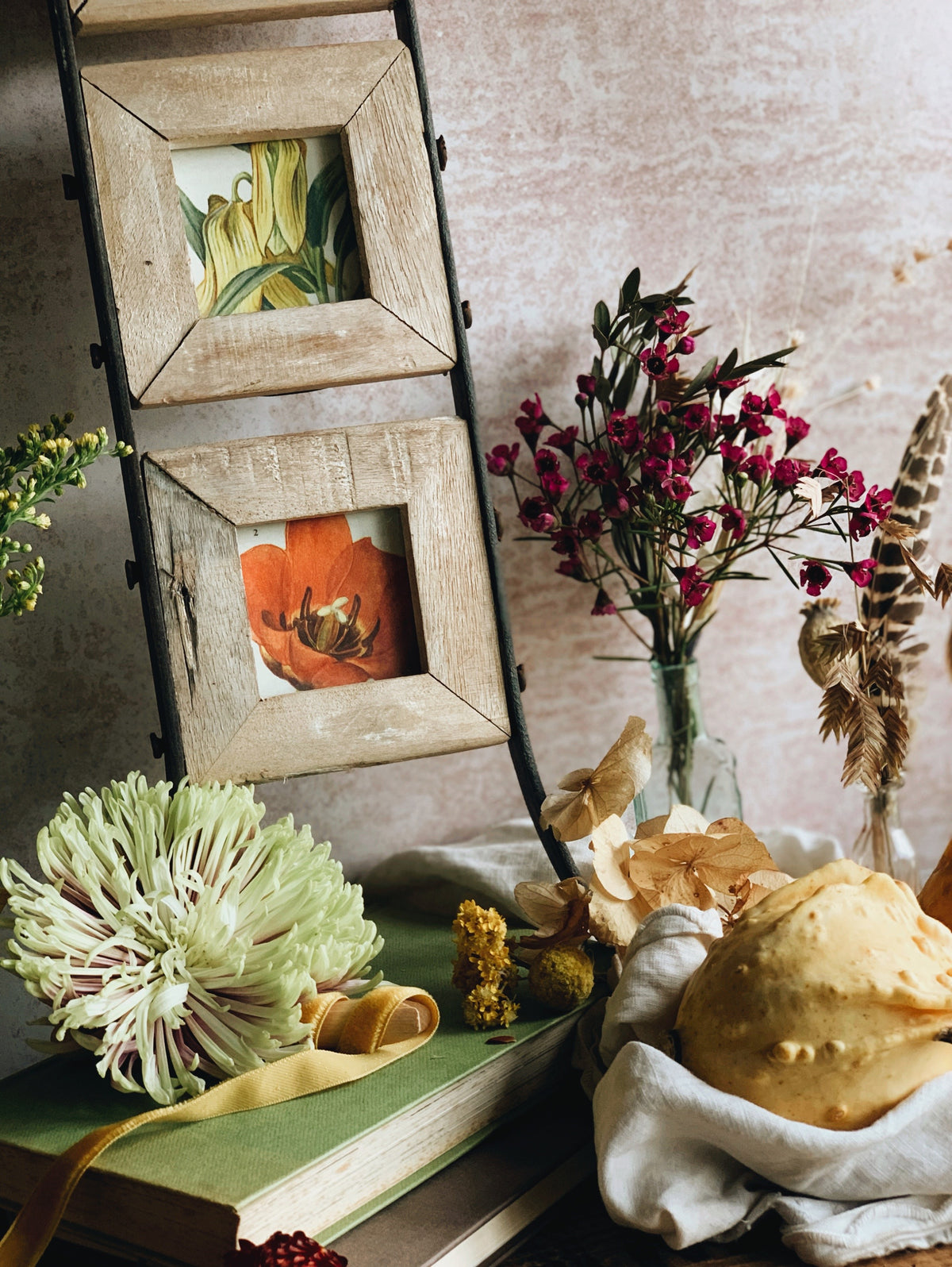 Rustic Wooden & Metal Frames with Three 1960’s Floral Book Prints (UK SHIPPING ONLY)