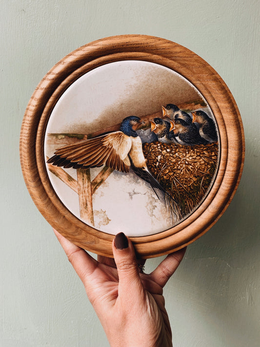 Vintage Wooden Framed Ceramic Bird Wall Motif