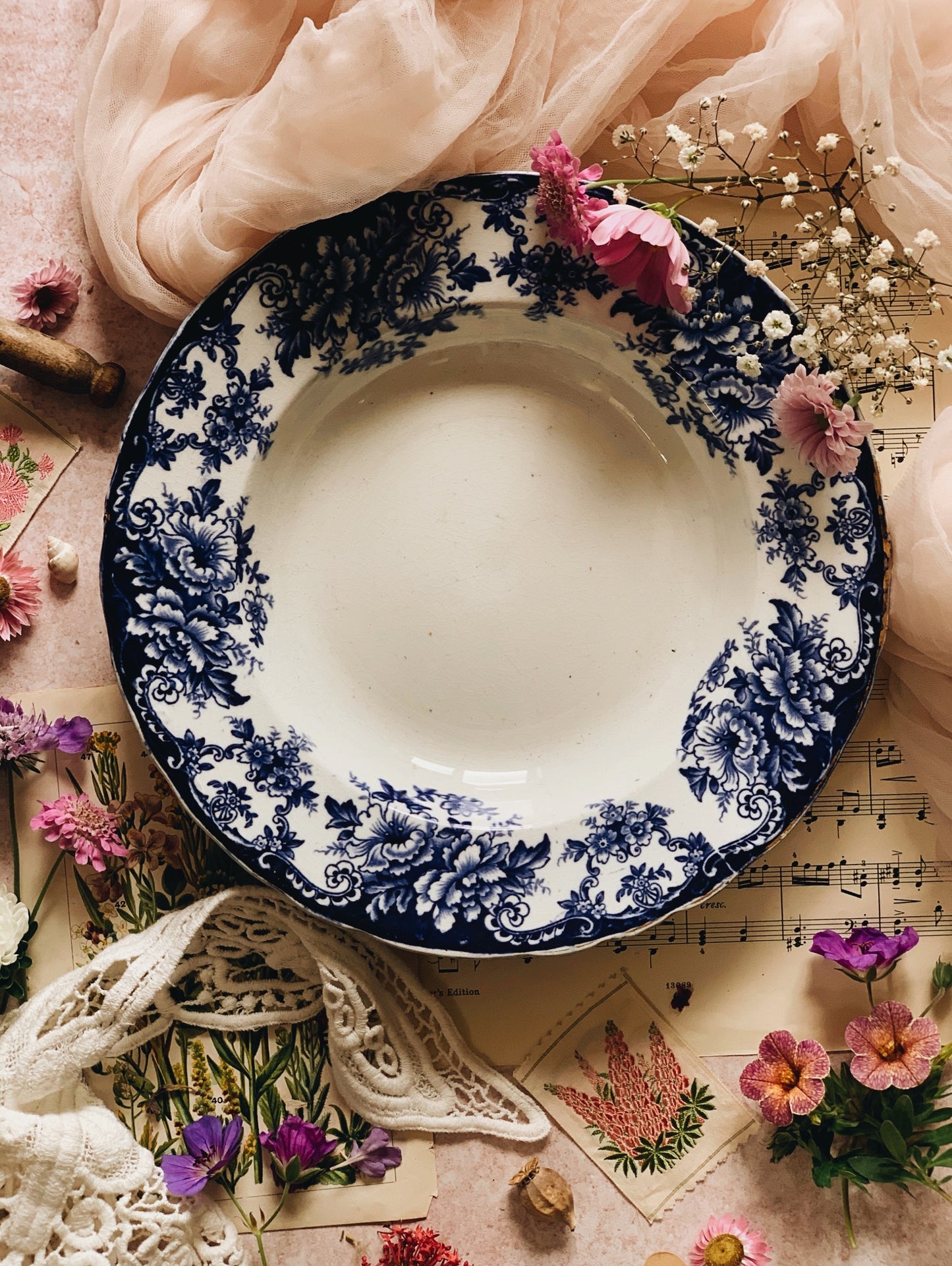 Antique Early 1900’s Blue Floral Supper Bowl