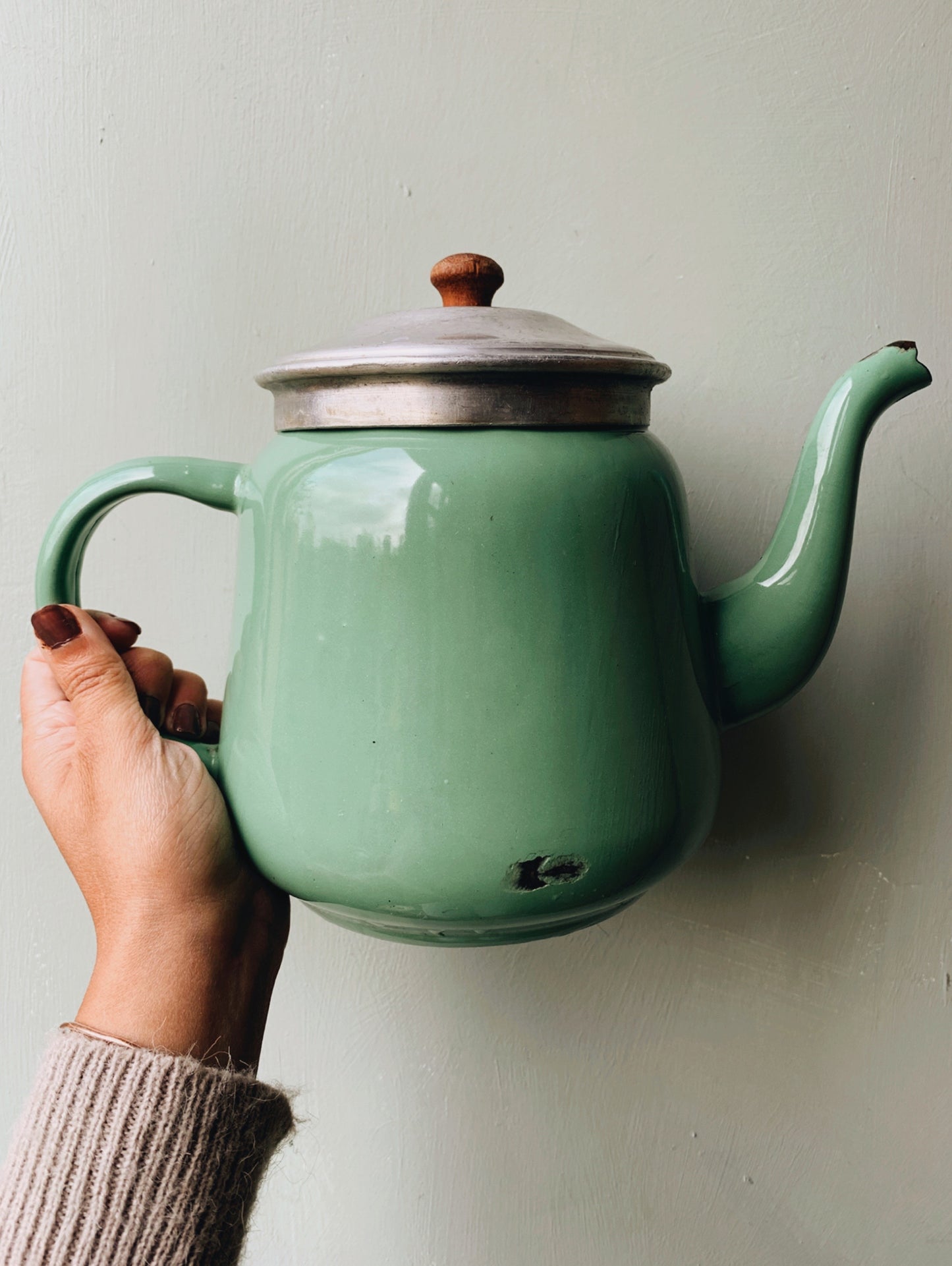 Rustic Vintage Green Enamel Teapot