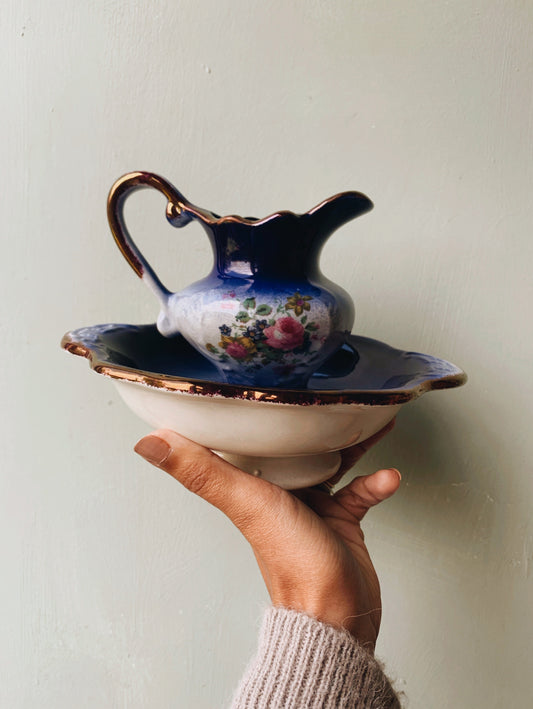 Antique Rose Cobalt Blue Jug & Bowl