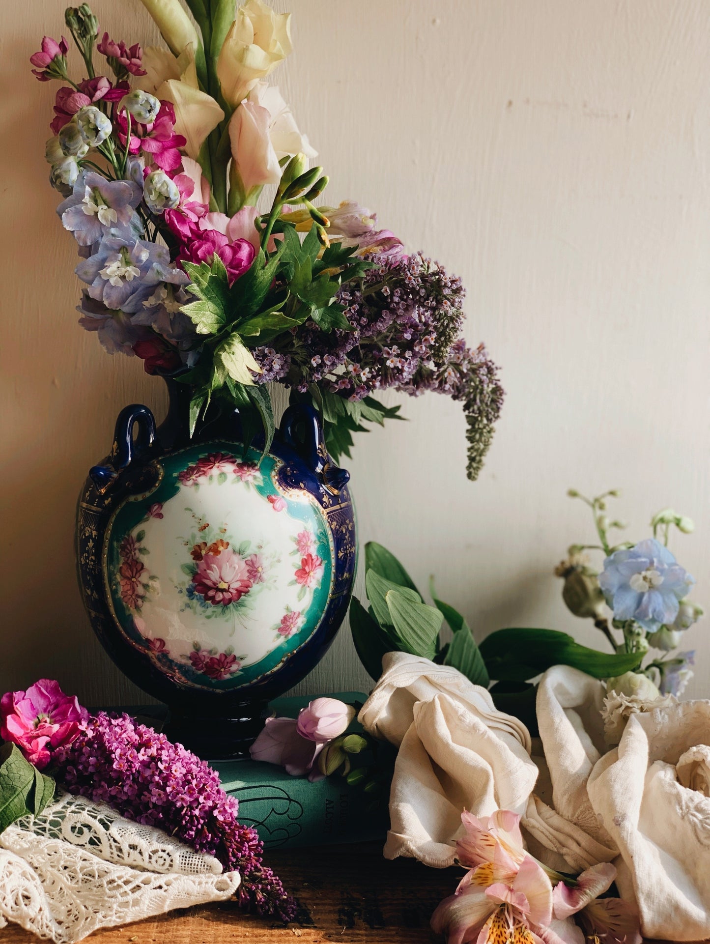 Antique Decorative Three Handled Vase with Gilt Detailing & Florals