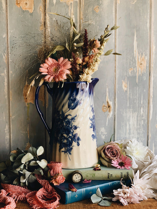 Large Antique Scalloped Floral Cobalt Blue Vase Jug