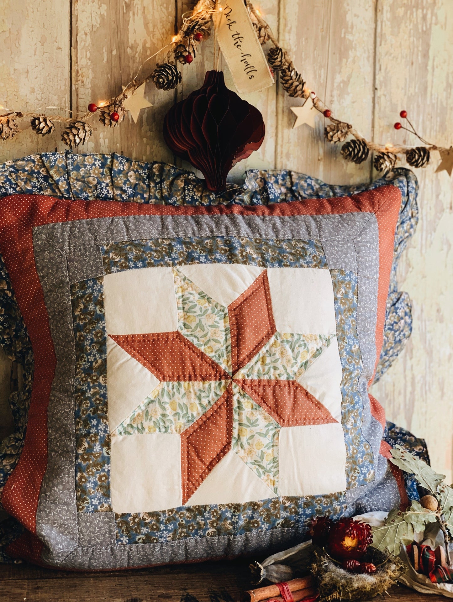 Handmade Patchwork Folksy Festive Pillow (UK SHIPPING ONLY)