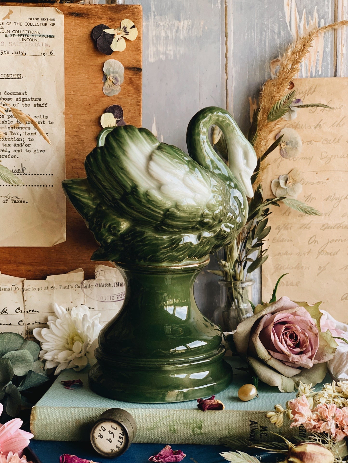 Antique Swan Green Vase with Gilt Detailing