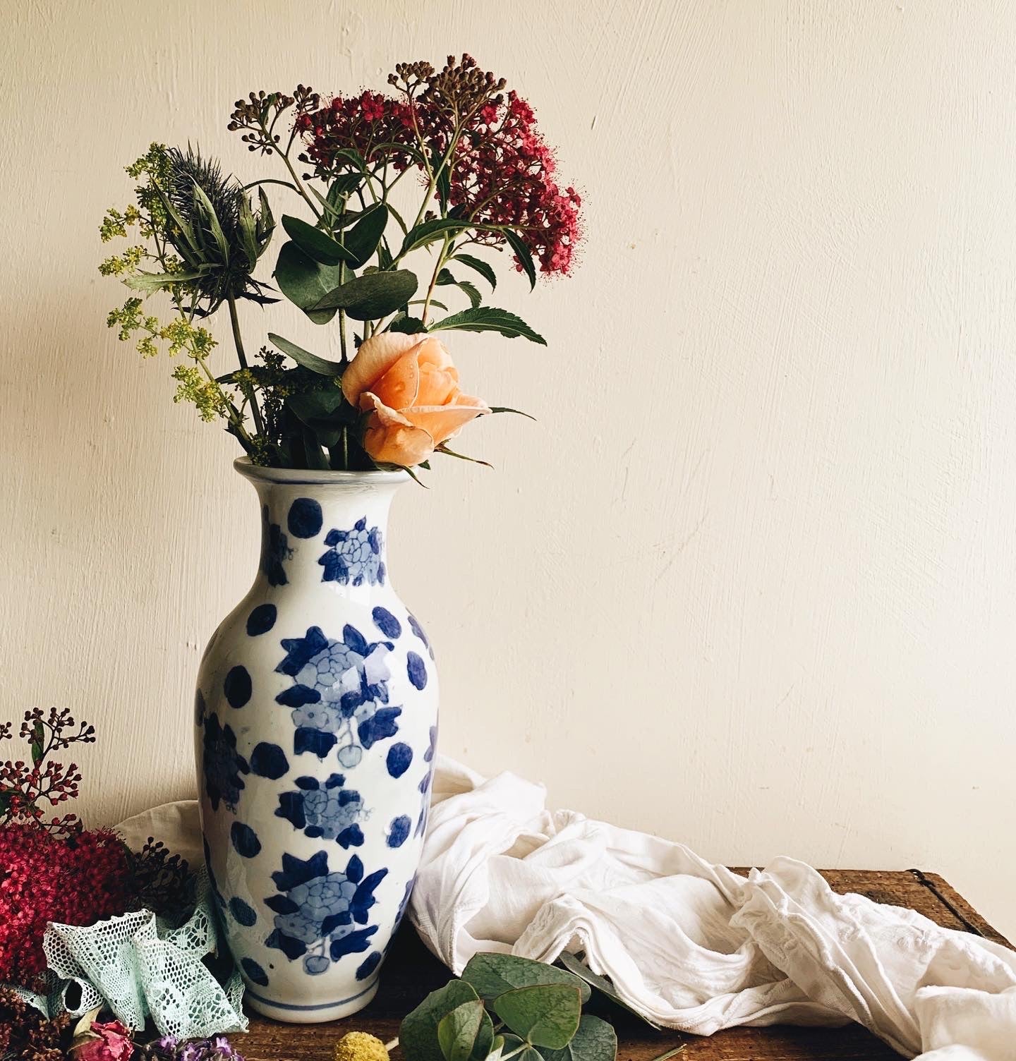 Vintage Blue & White Decorative Floral Vase