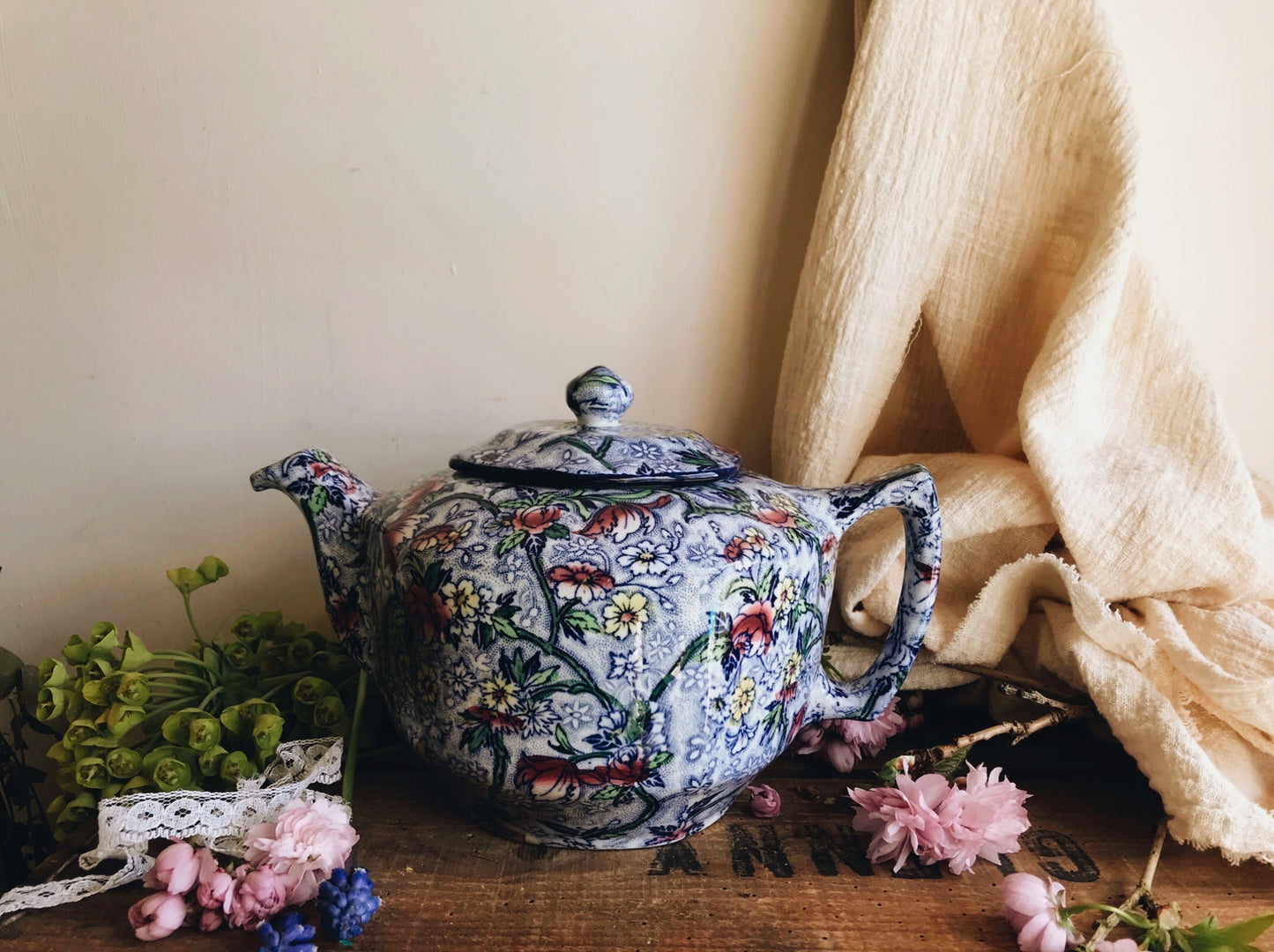Antique 1920/30s Ringtons Ltd Tea Merchants Floral Teapot - Stone & Sage 
