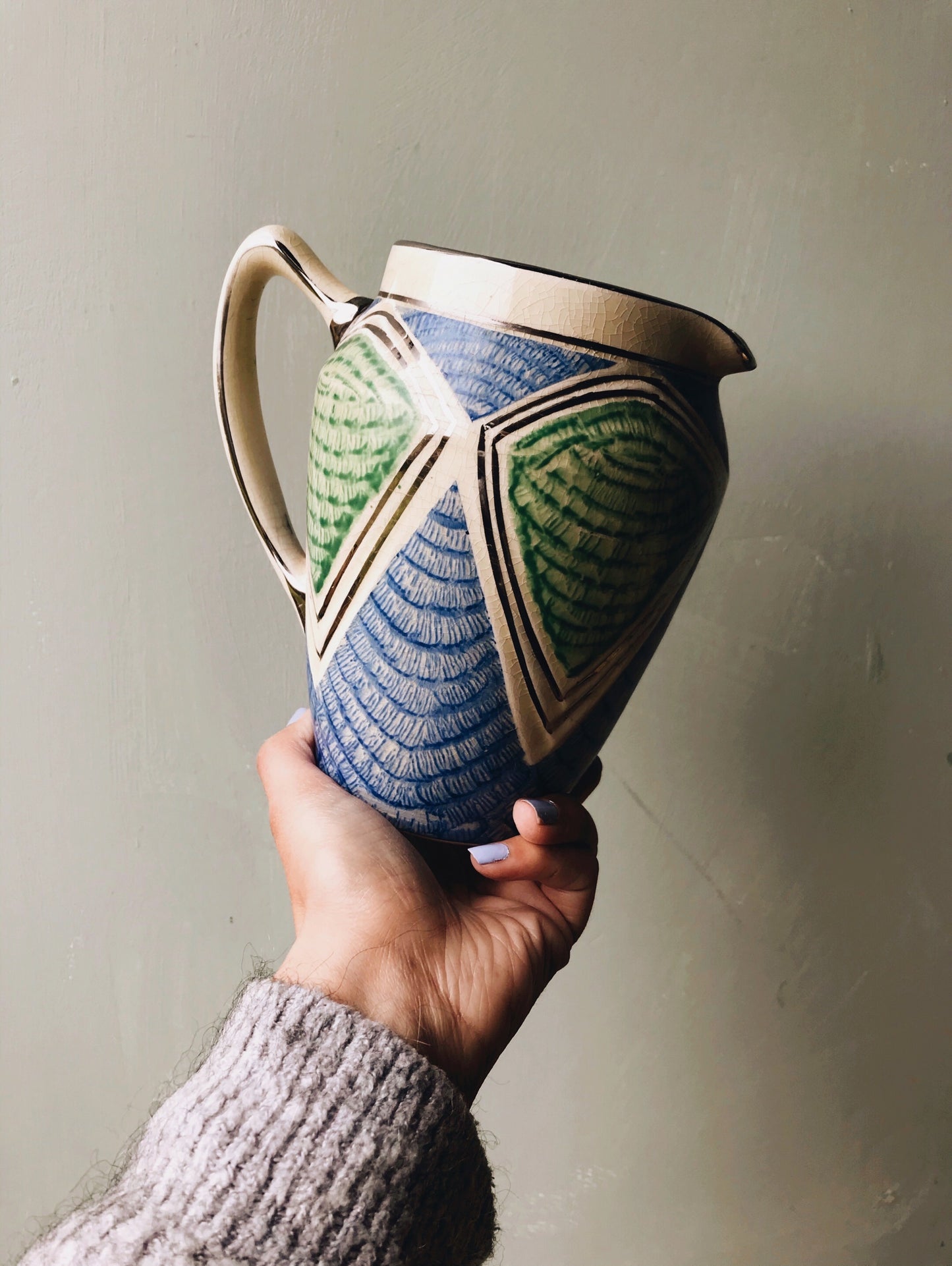 1920s Art Deco Green & Blue Vase (jug) - Stone & Sage 