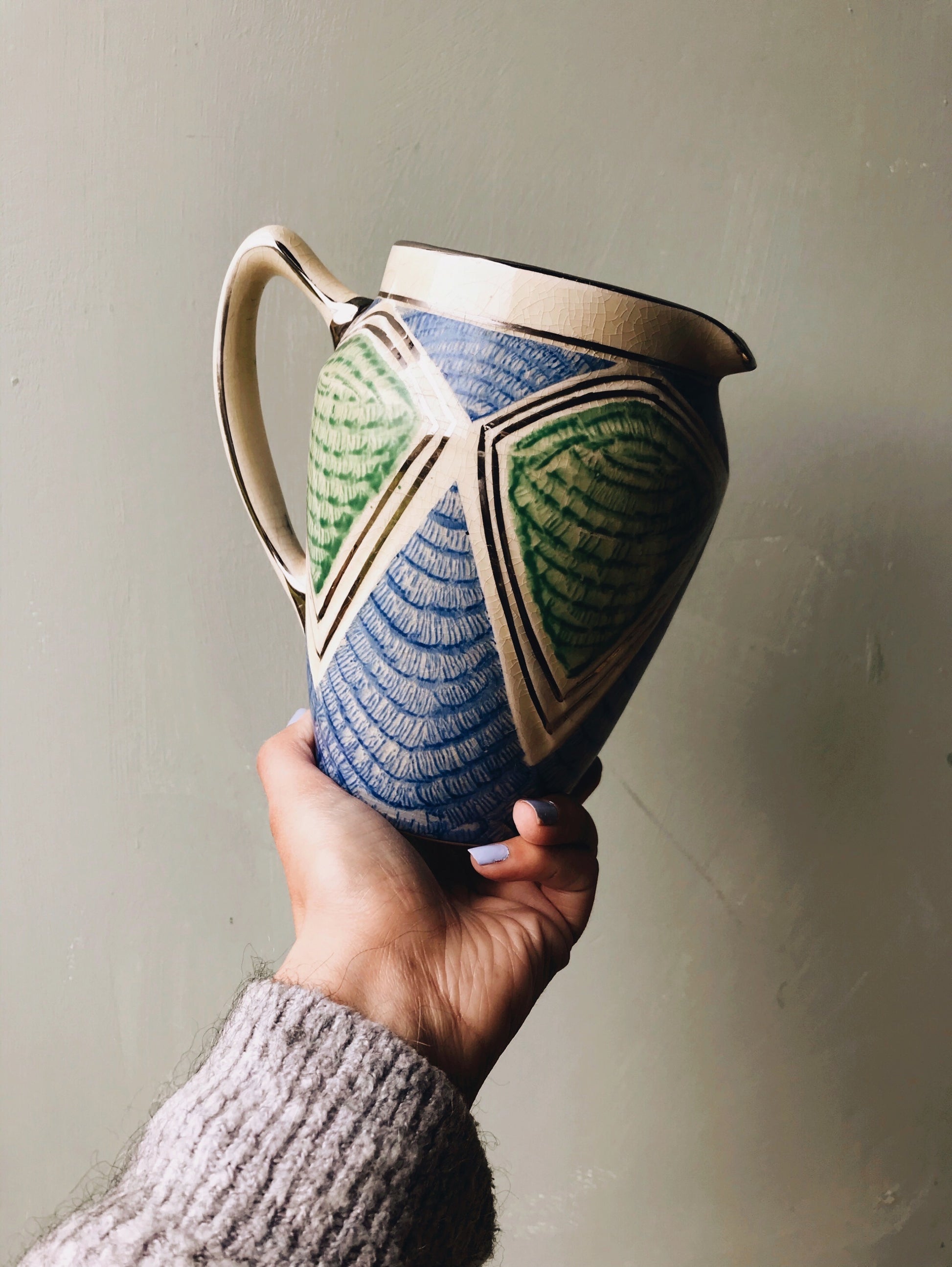 1920s Art Deco Green & Blue Vase (jug) - Stone & Sage 