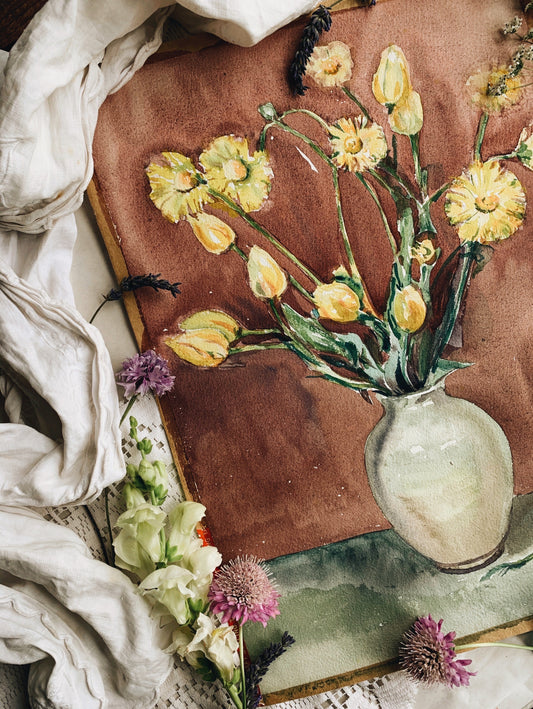 Vintage 1950’s Floral Watercolour Blooms in Vase Painting
