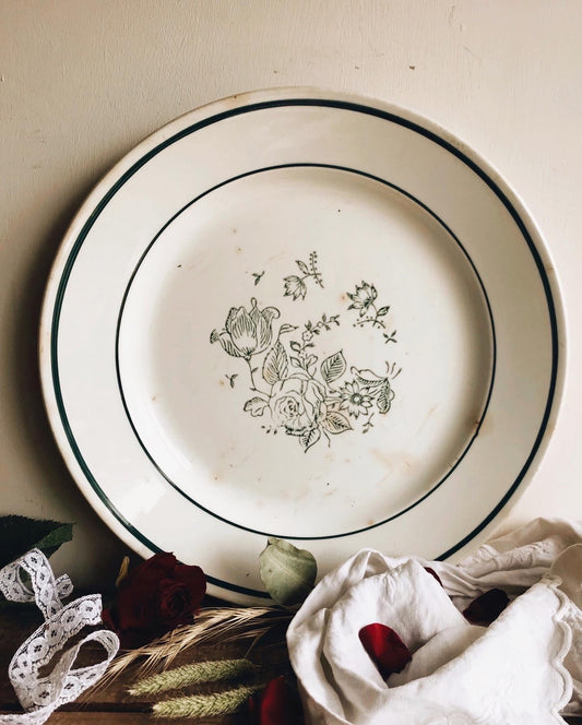 Large Antique Green Rose Hand~etched Plate