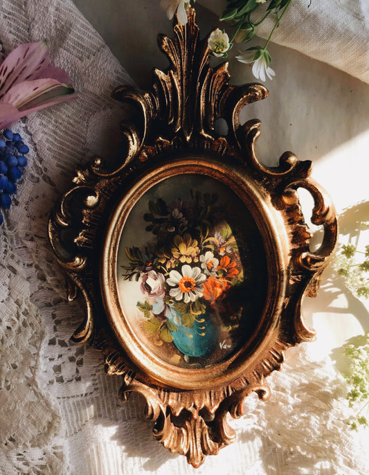 Antique French Rococo Signed Van Holt ~ Early 19th Century Floral Oil Painting - Stone & Sage 