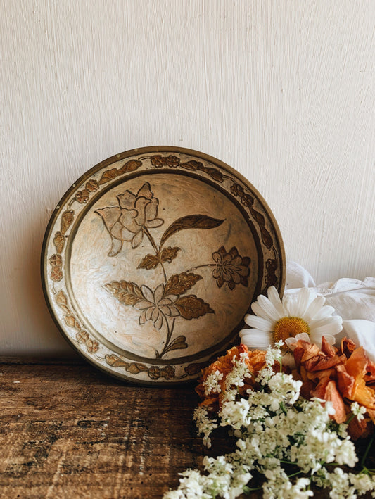 Vintage Brass Floral Enamel Painted Bowl