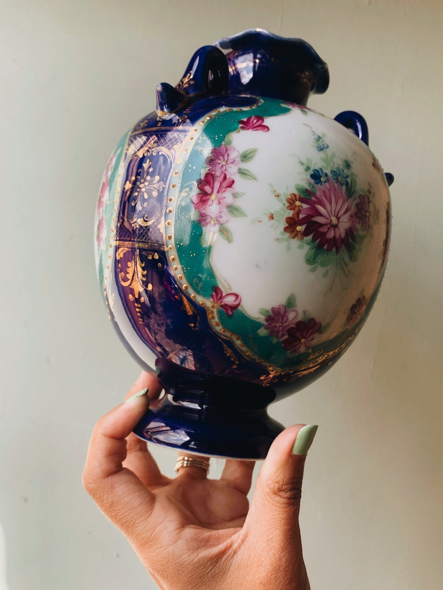 Antique Decorative Three Handled Vase with Gilt Detailing & Florals