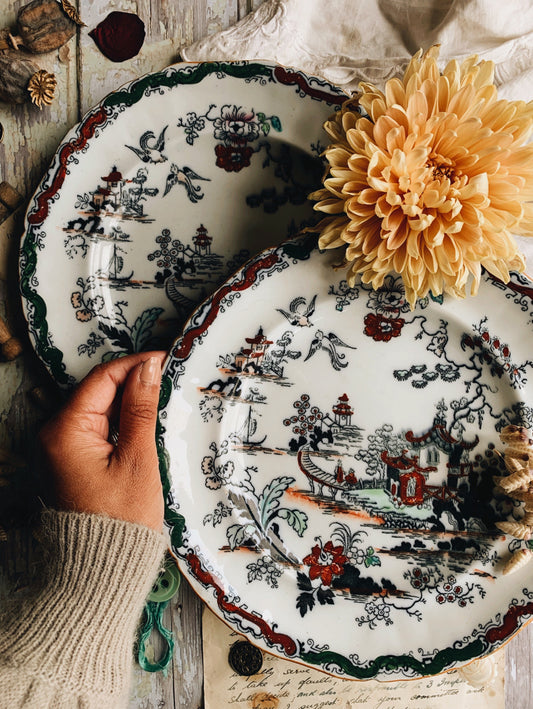 Antique Hand Engraved Oriental Narrative Plate (two available & sold separately)