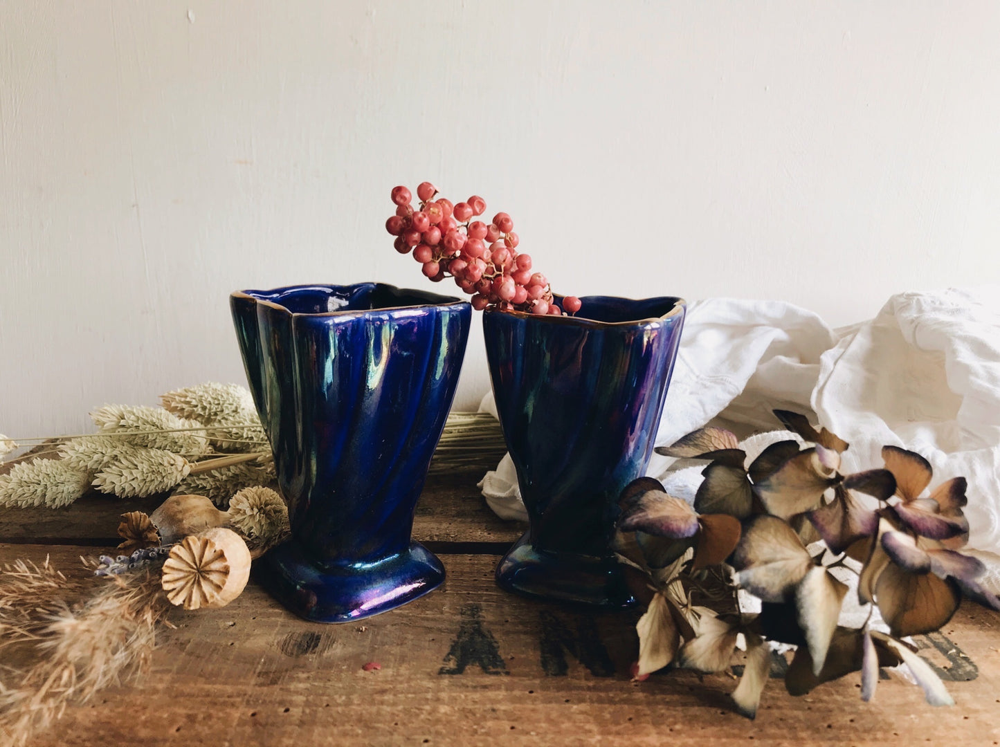 Two Vintage Iridescent Blue Posy Vases