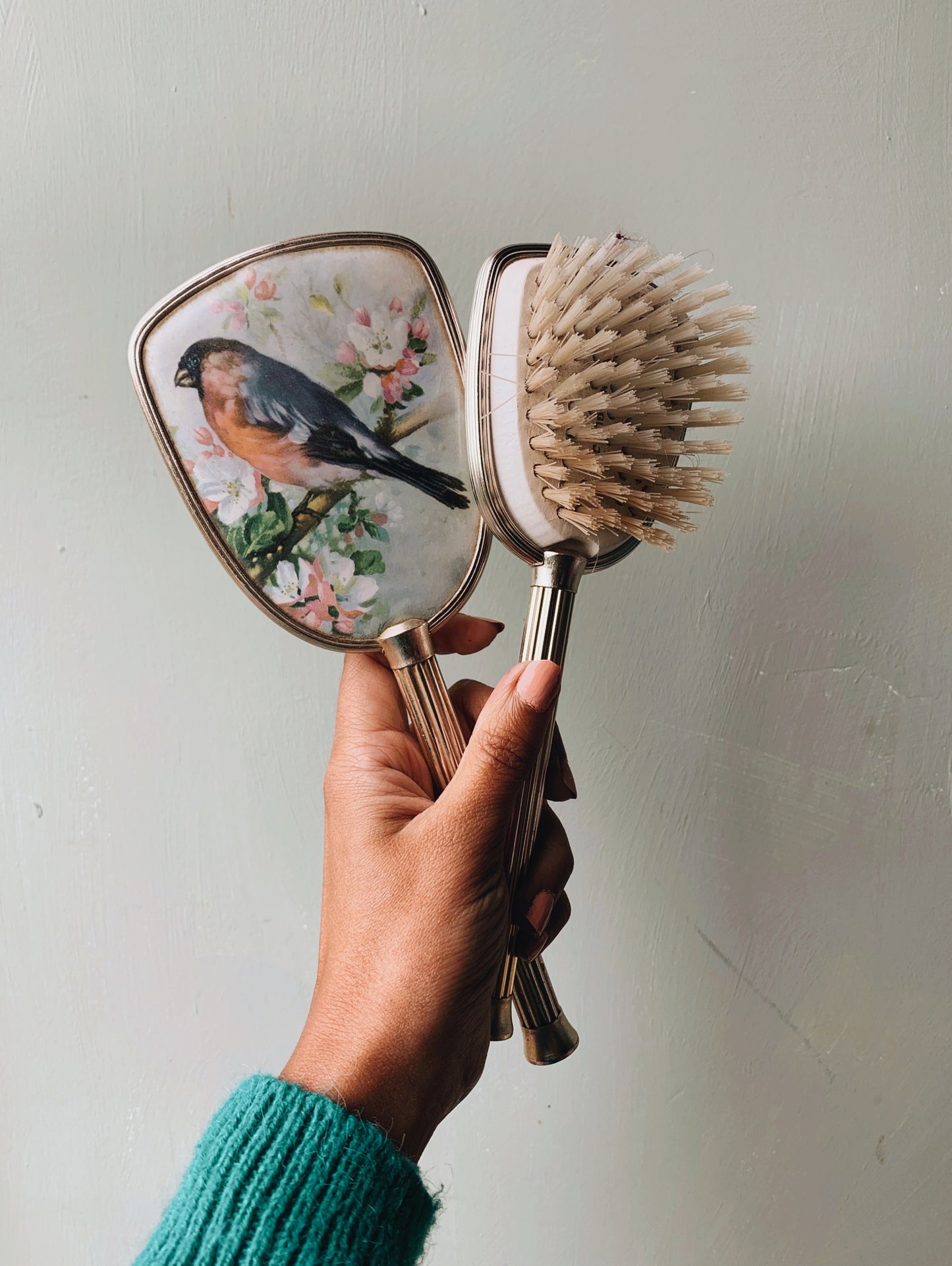 Vintage Bird Vanity ~ Mirror & Brush Set