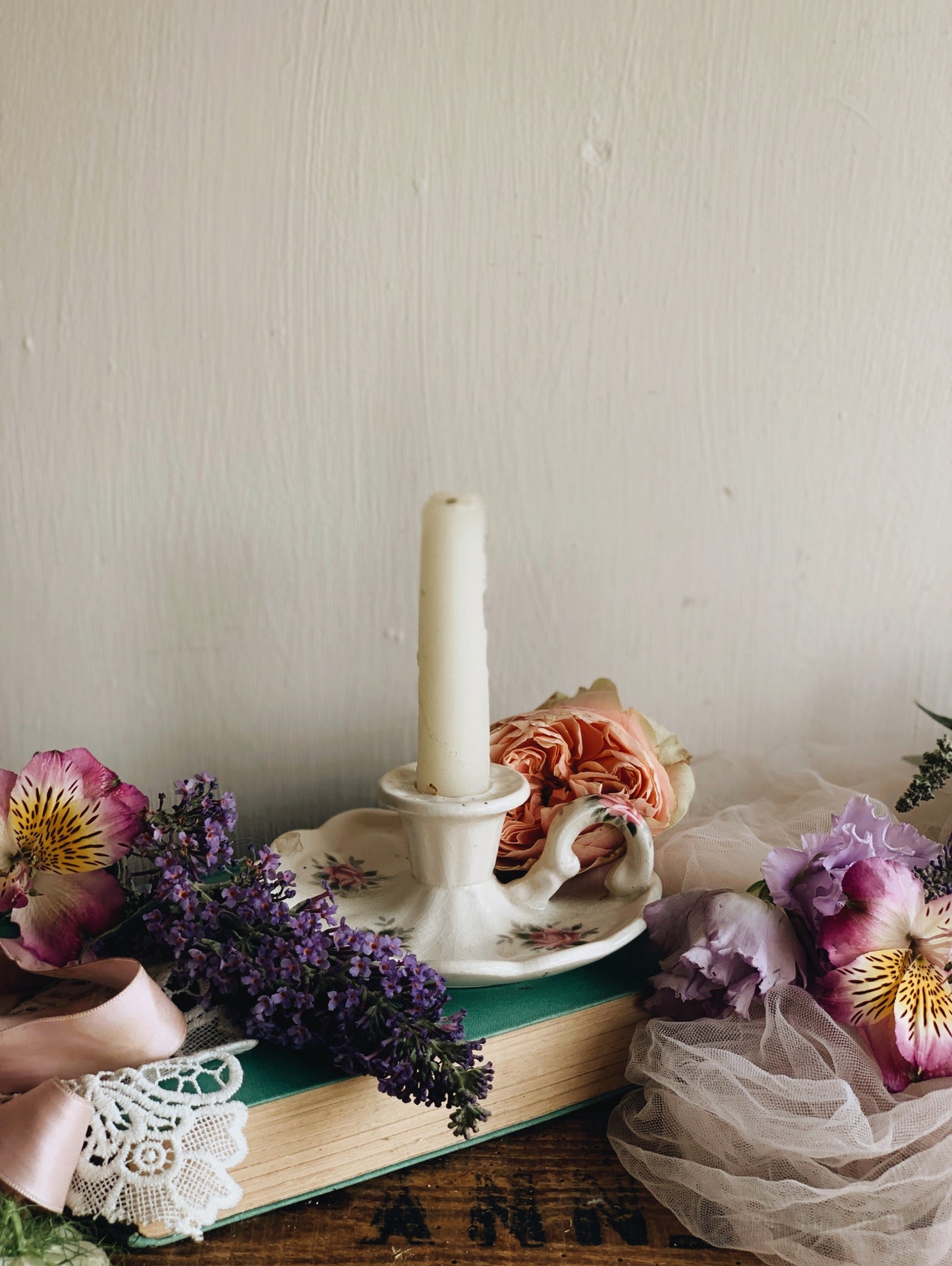 Antique Rose Ceramic Candle Holder (rustic condition)