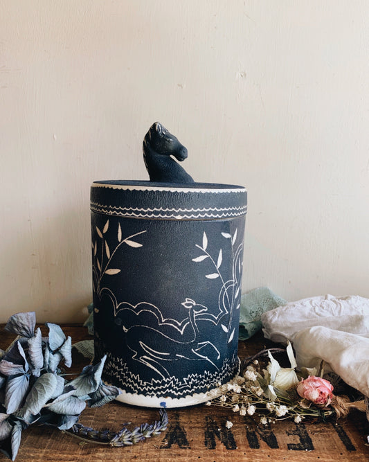 Vintage Hand Stamped Blue Narrative Rustic Ceramic Pot with Horse Lid