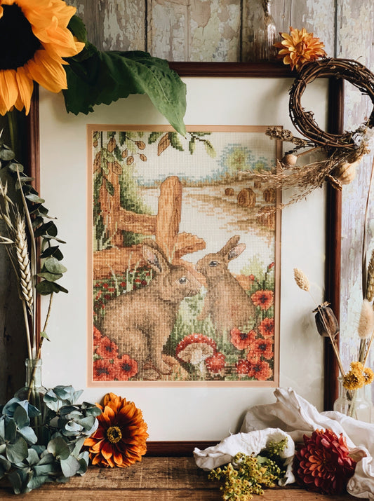Large Vintage Rabbit Tapestry (needle point)  Framed (UK SHIPPING ONLY)