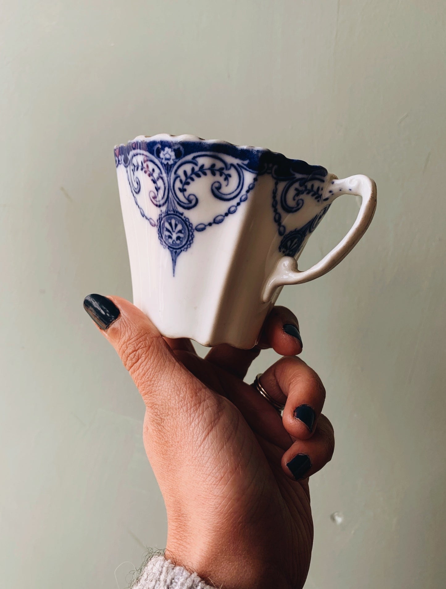 Antique Foley Victorian Blue & White Decorative Cup & Saucer